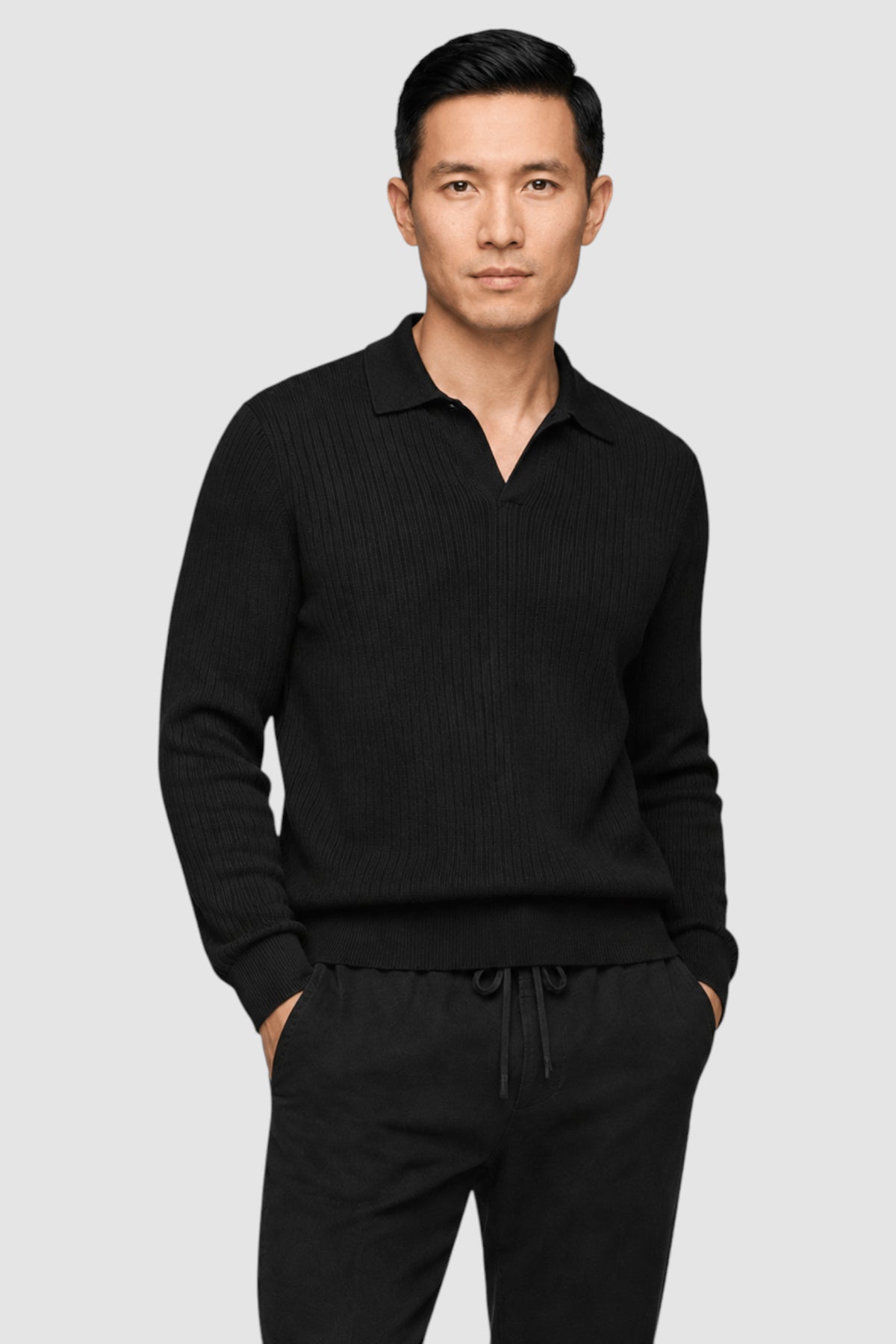 Wade Merino V Polo Button-Collar Sweater