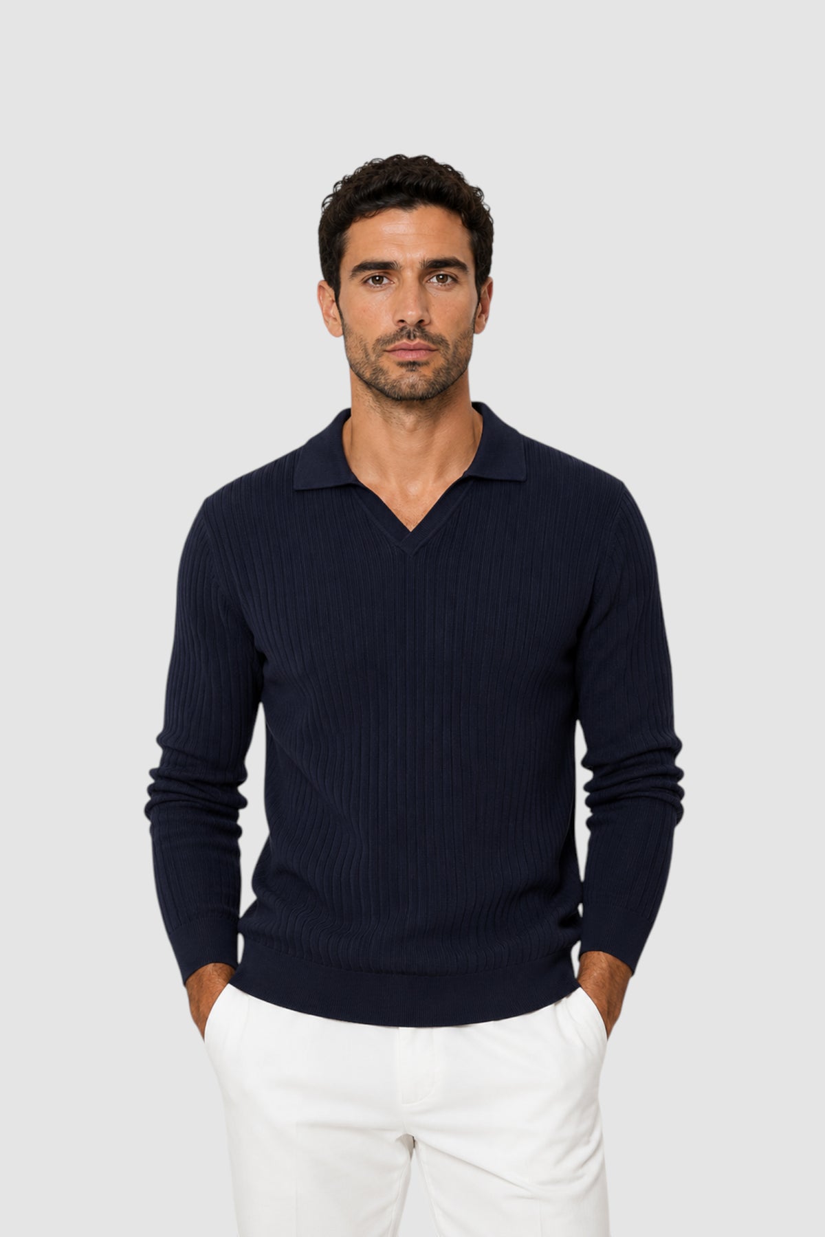 Wade Merino V Polo Button-Collar Sweater