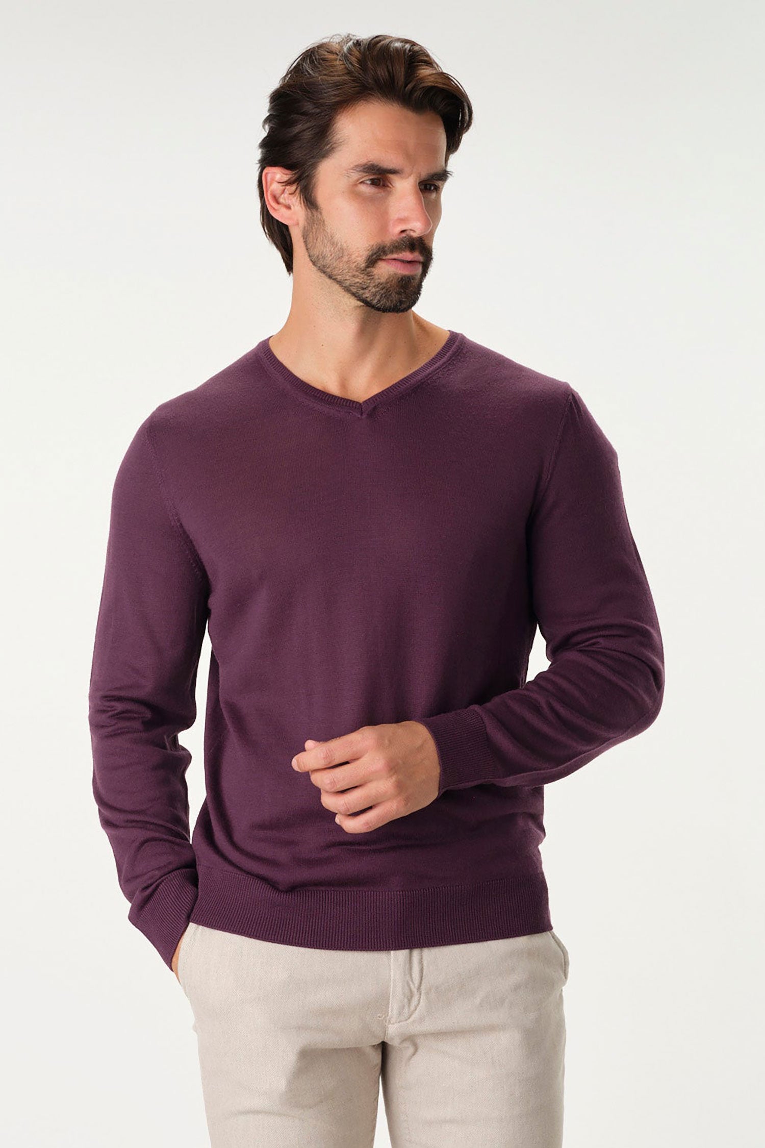 Merino Wool Solid V-Neck Sweater