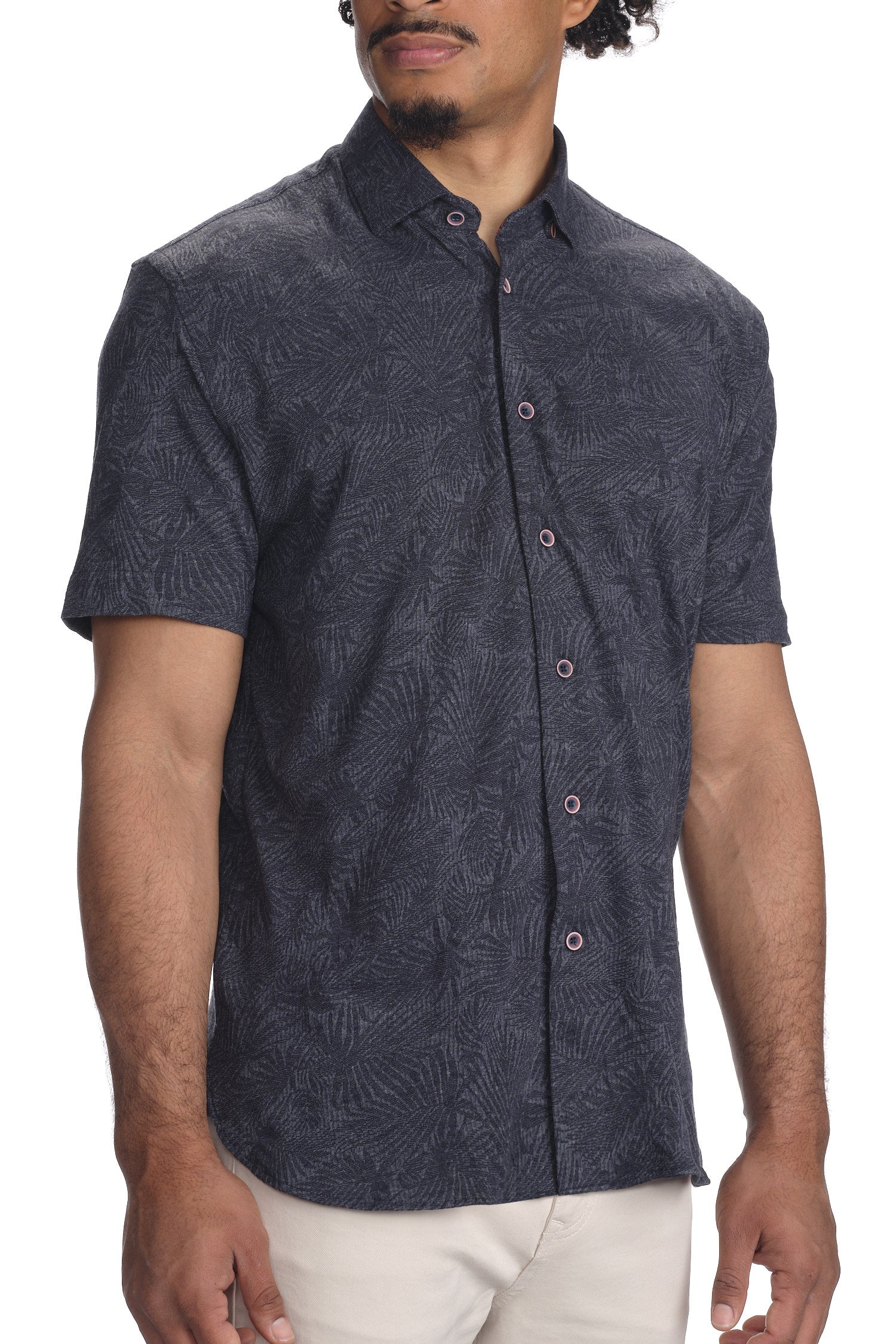 Garnet Men's Knitted Printed Palm Short Sleeve Shirt 2311058 Navy