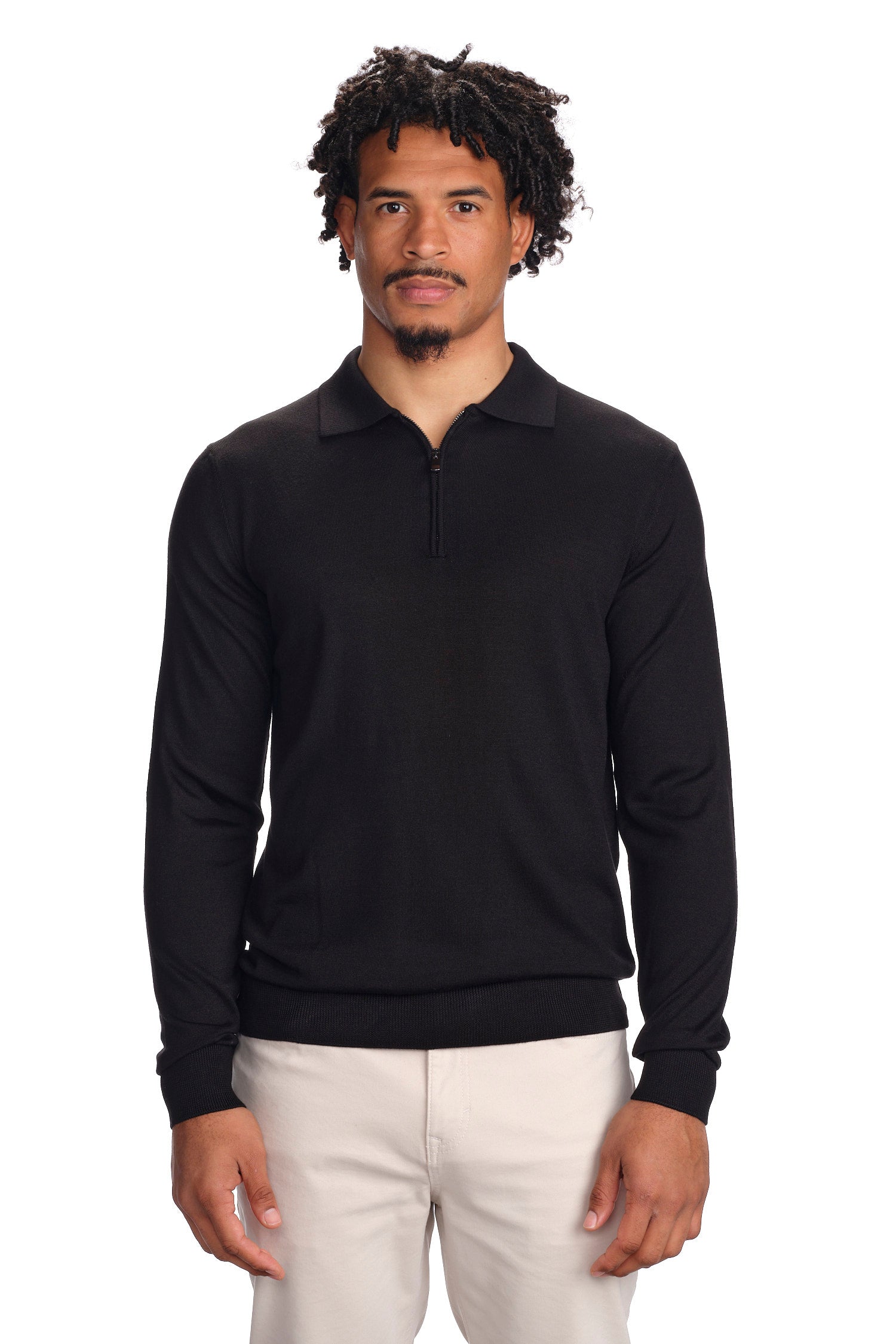 Merino Wool Solid Zip-Up Polo Sweater