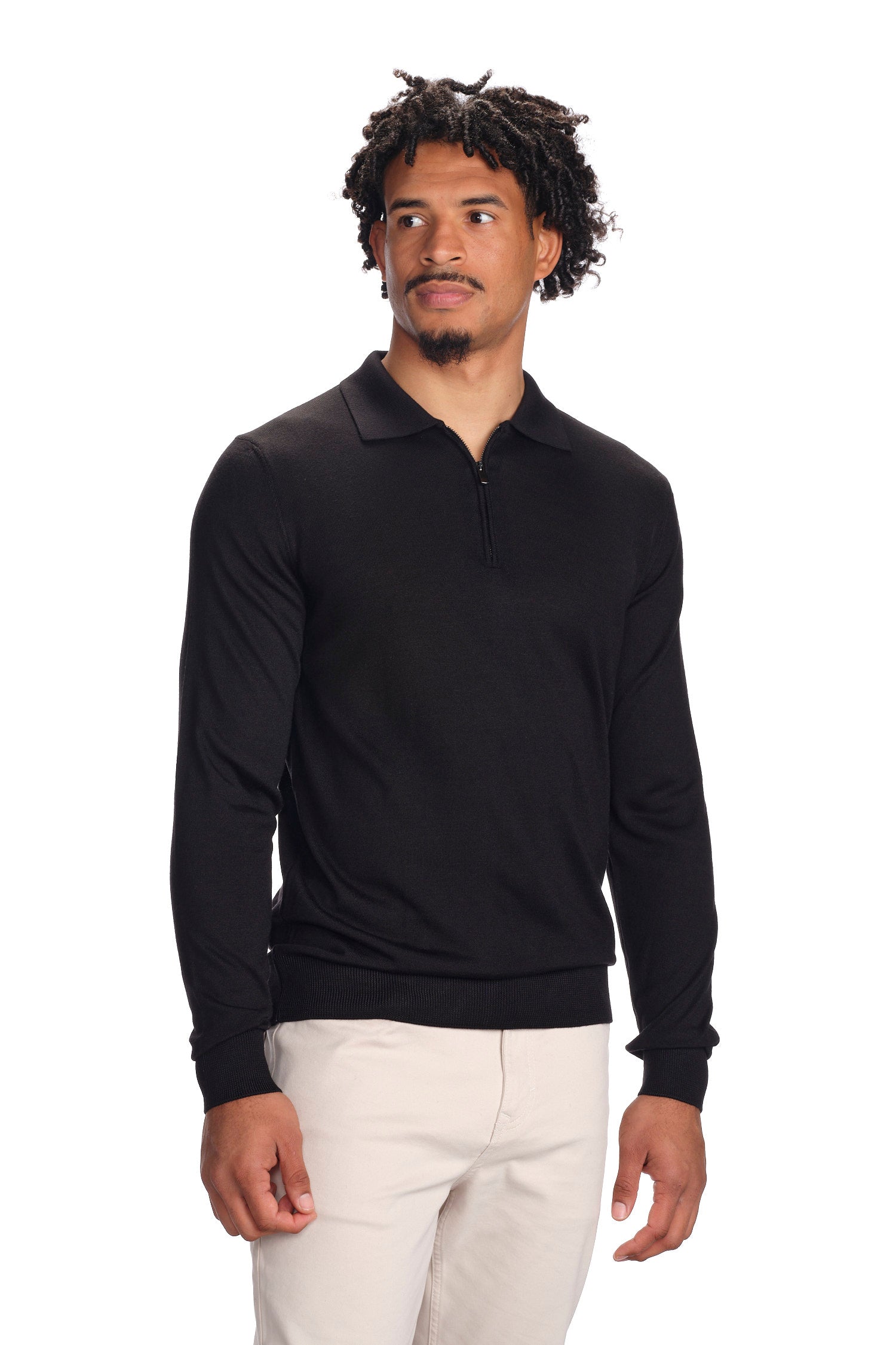 Merino Wool Solid Zip-Up Polo Sweater