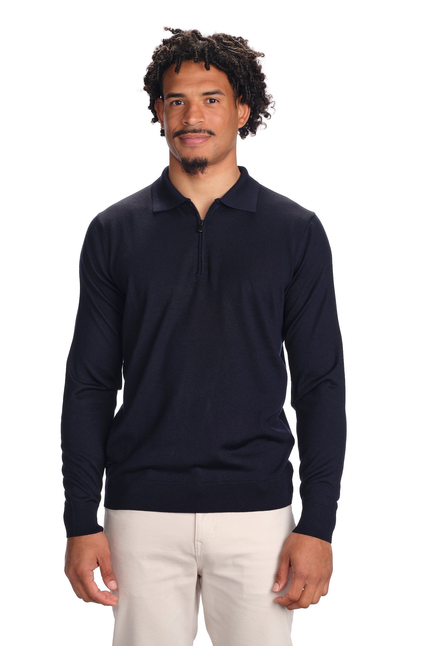 Merino Wool Solid Zip-Up Polo Sweater