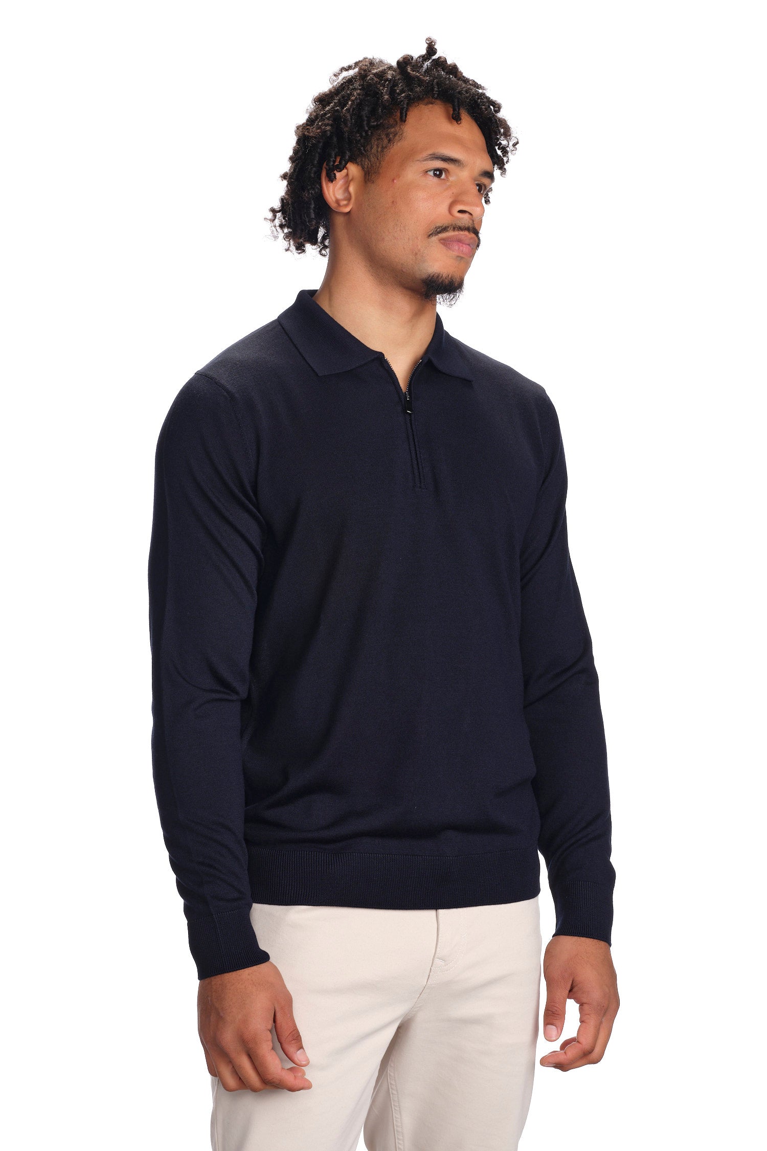 Merino Wool Solid Zip-Up Polo Sweater