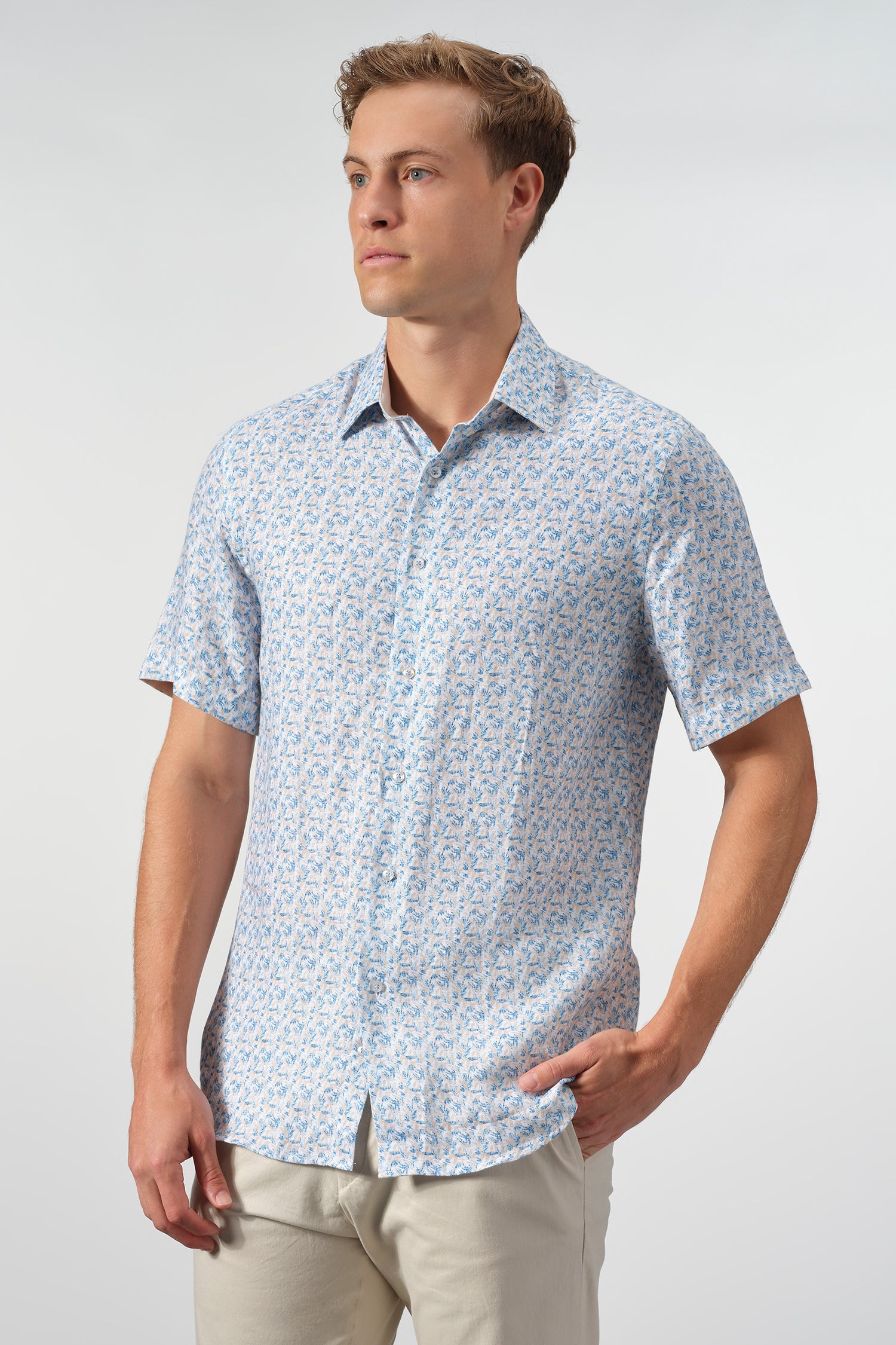 Azure Botanical Linen Short Sleeve Shirt