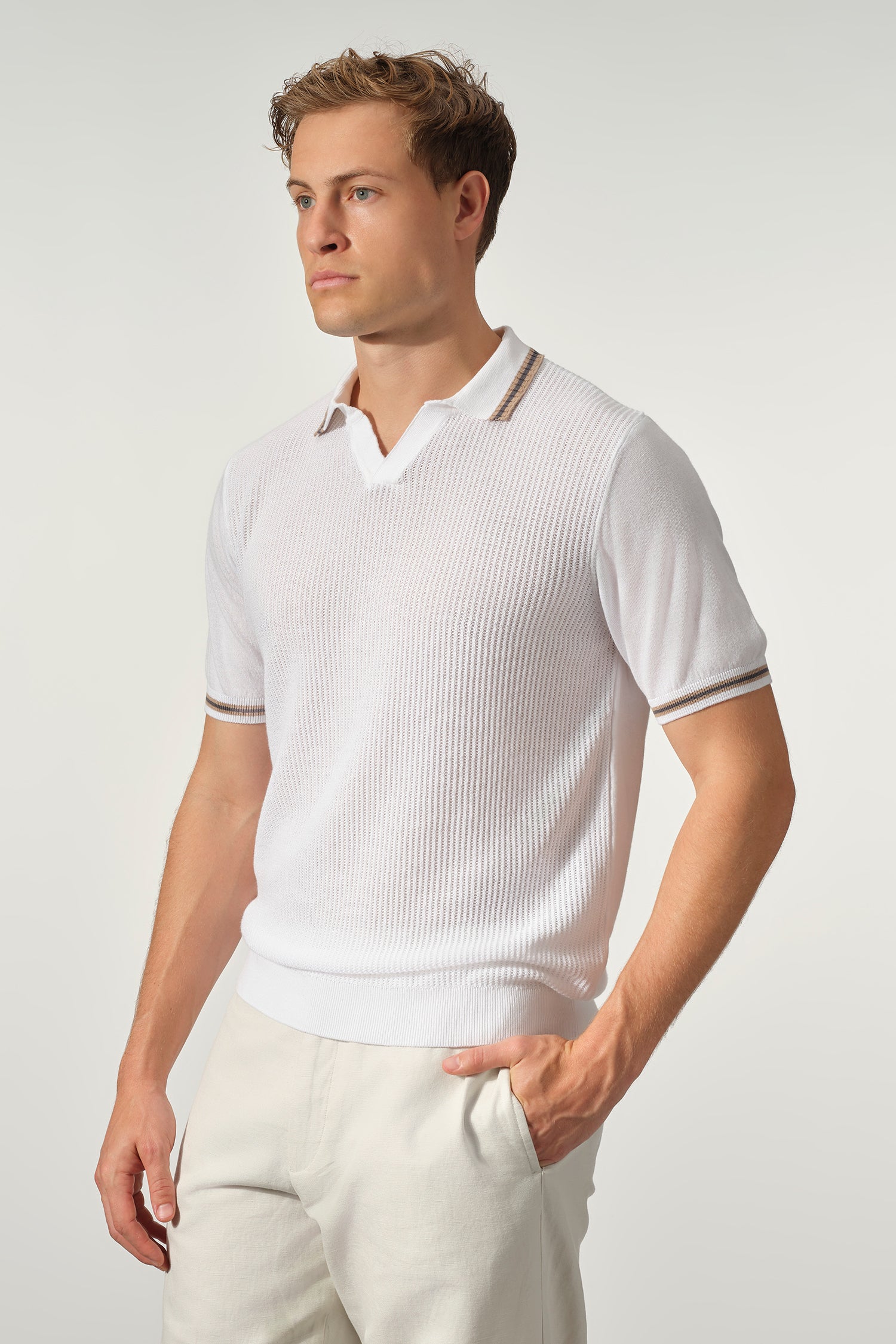 Open Collar Textured Cotton-Tencel Polo