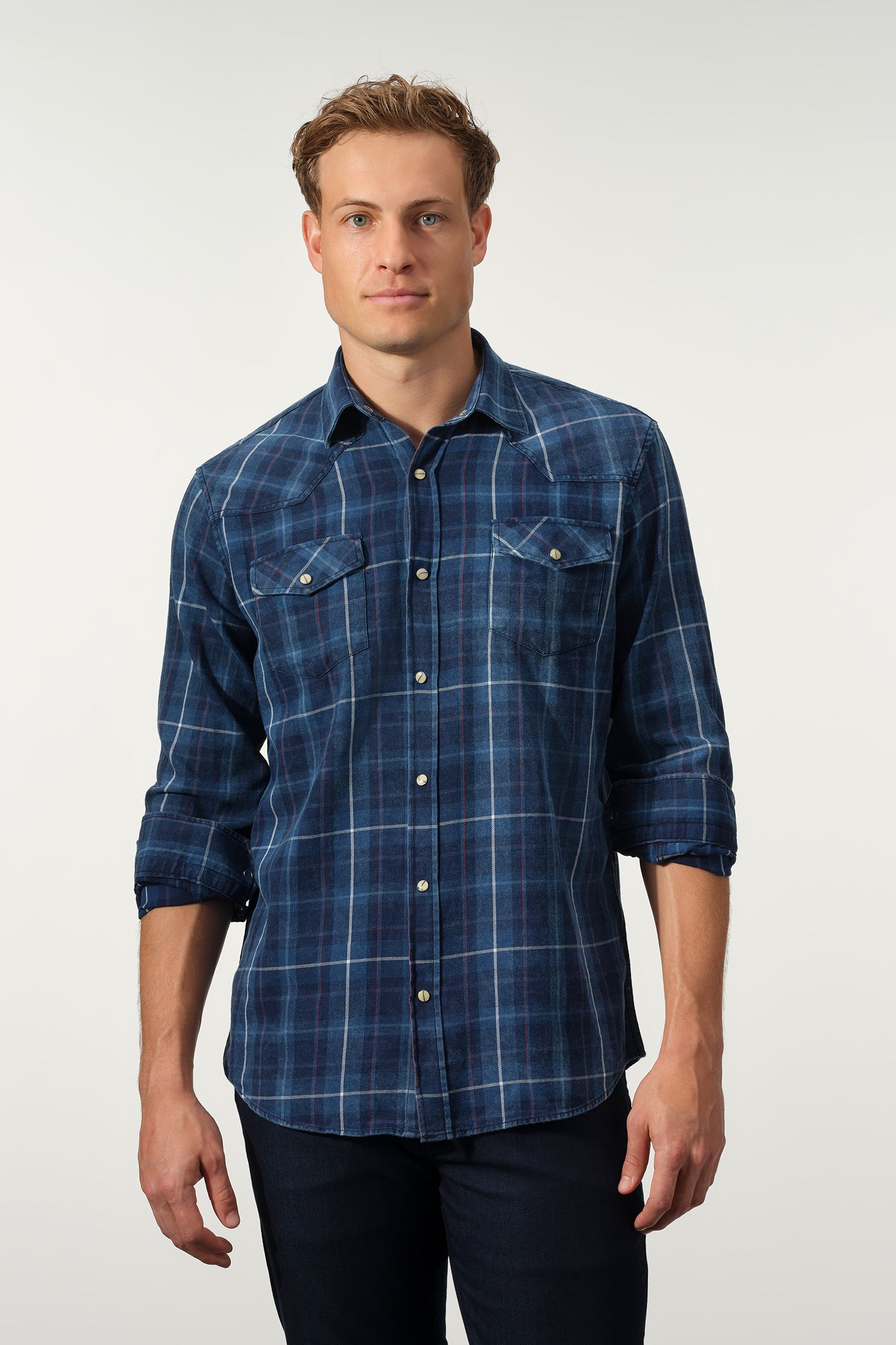 Indigo Plaid Cotton Snap Shirt
