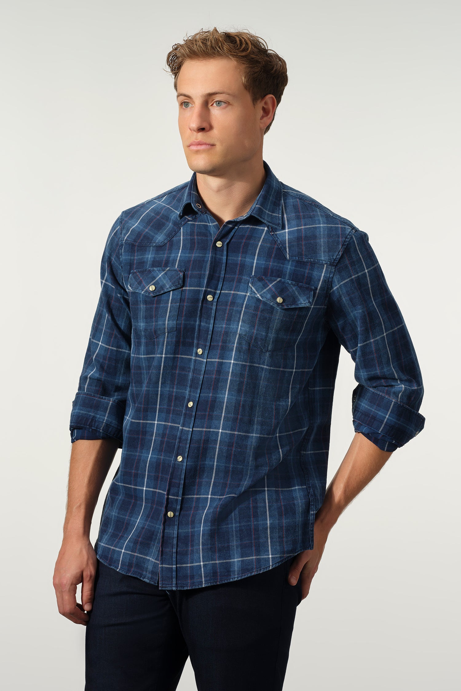 Indigo Plaid Cotton Snap Shirt
