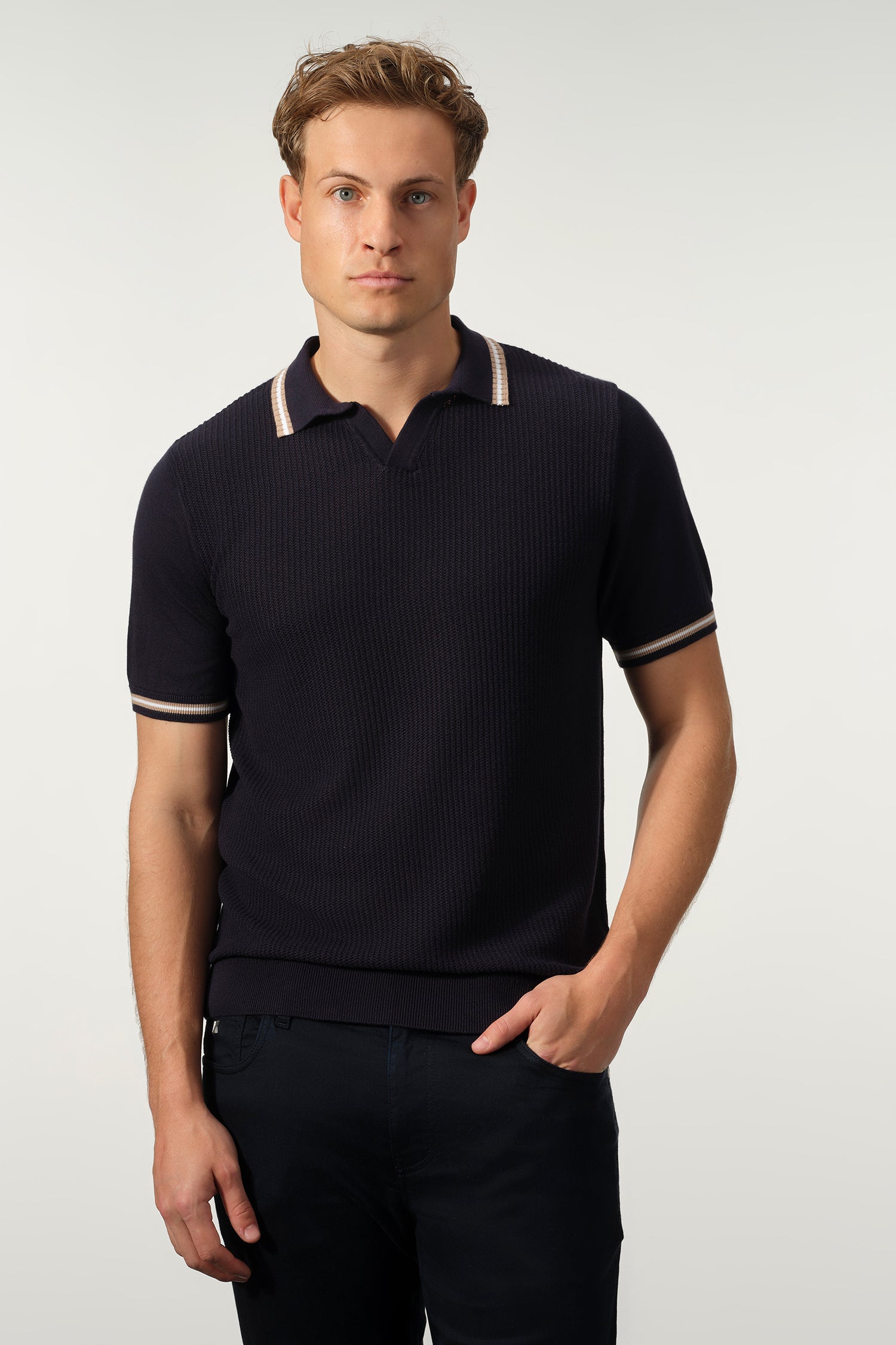Open Collar Textured Cotton-Tencel Polo
