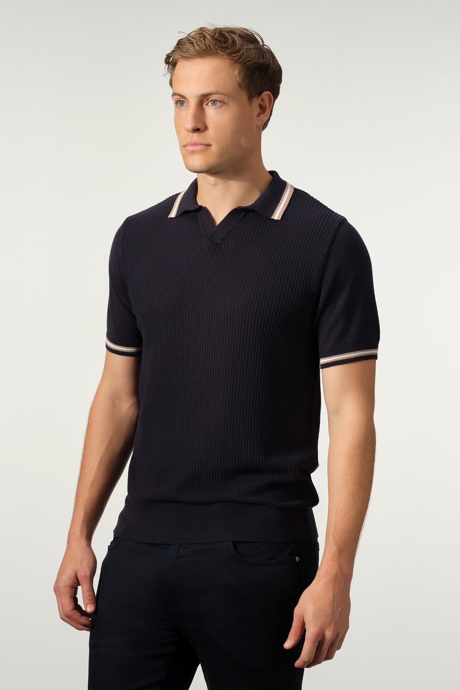 Open Collar Textured Cotton-Tencel Polo