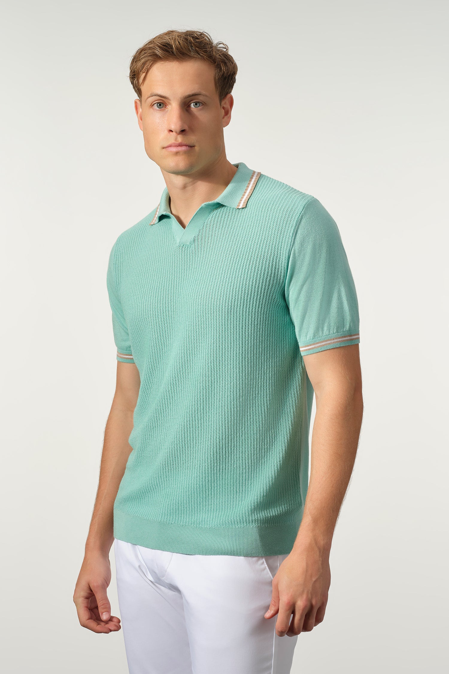 Open Collar Textured Cotton-Tencel Polo