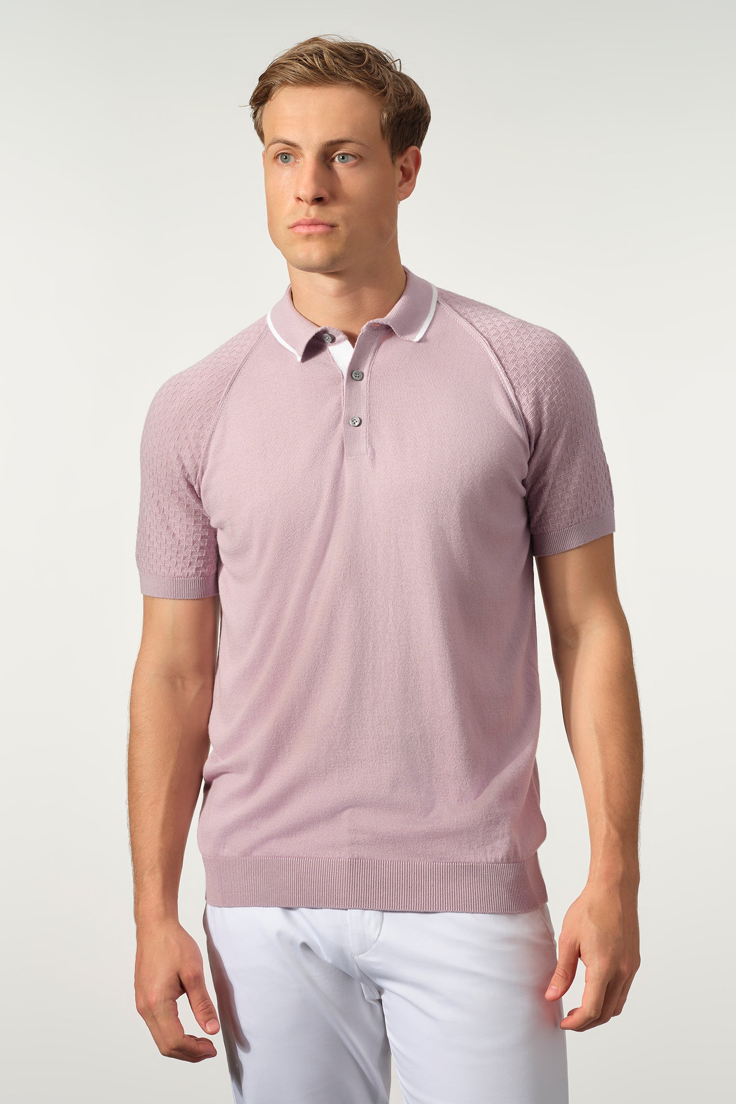 Textured Sleeve Cotton-Tencel Knit Polo