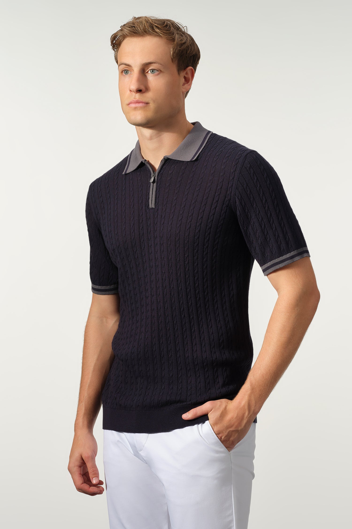 Cable Knit Zip Polo
