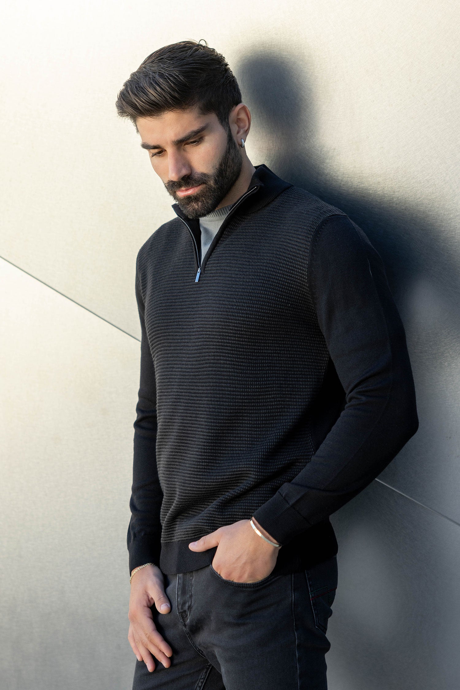 Knit Two Tone Quarter Zip Sweater