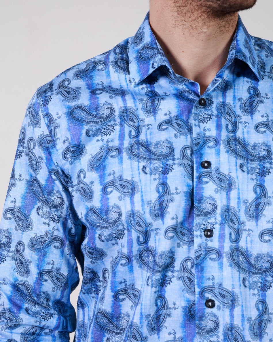 Abstract Paisley Blue Long Sleeve Cotton Shirt