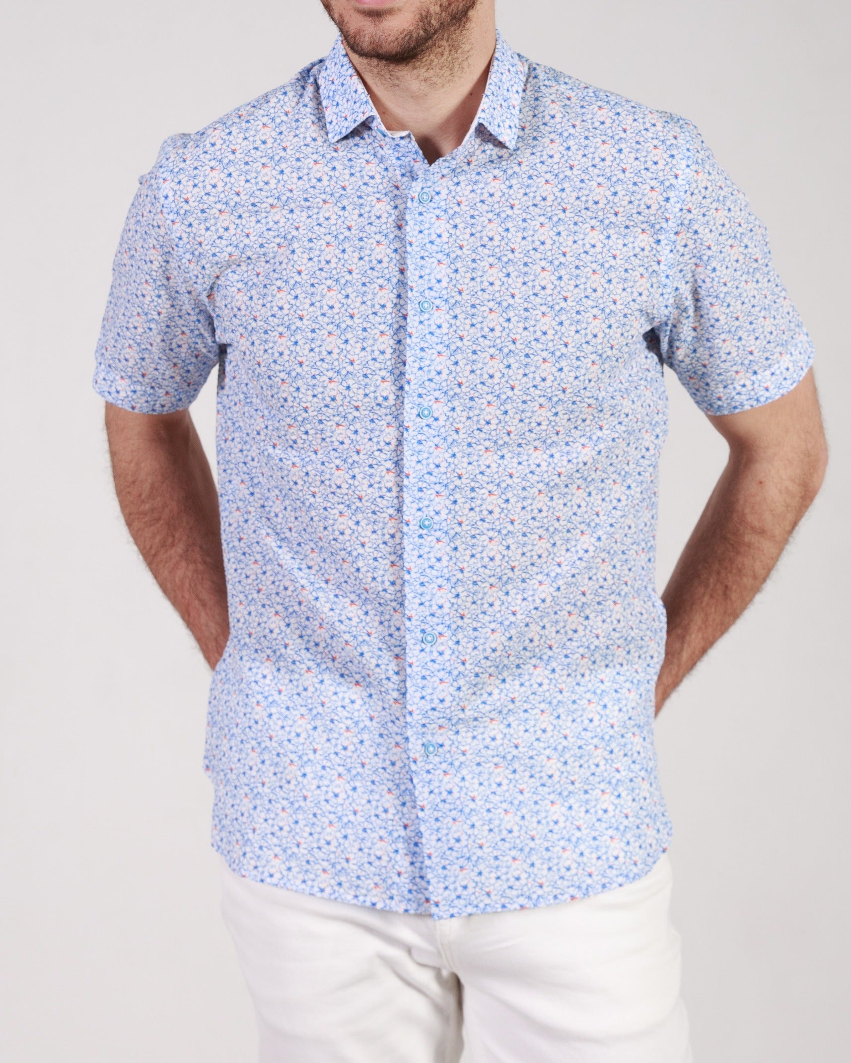 Garnet Men's Printed Blue Floral Stretch Short Sleeve Shirts