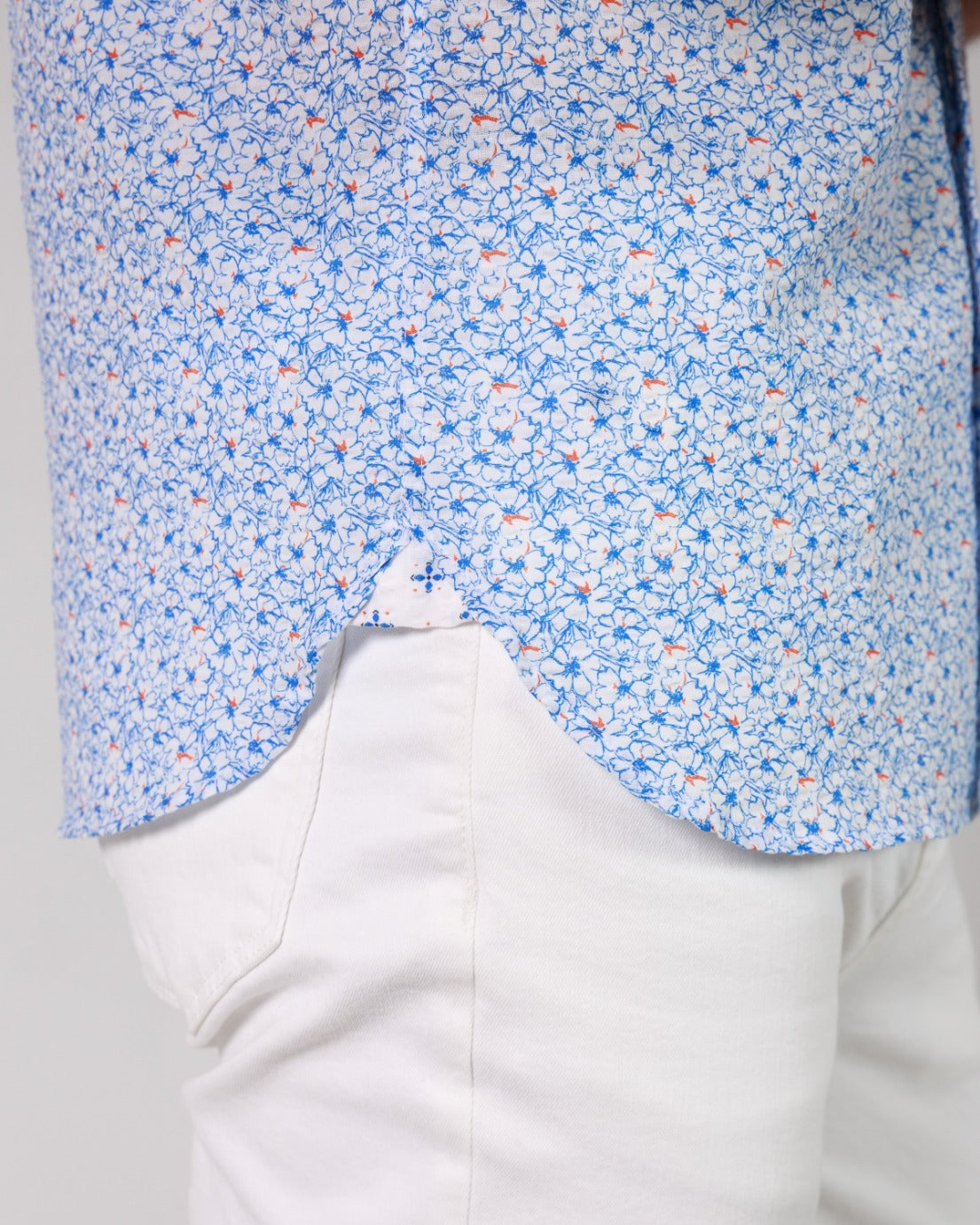 Floral Printed Blue Seersucker Short Sleeve Shirt