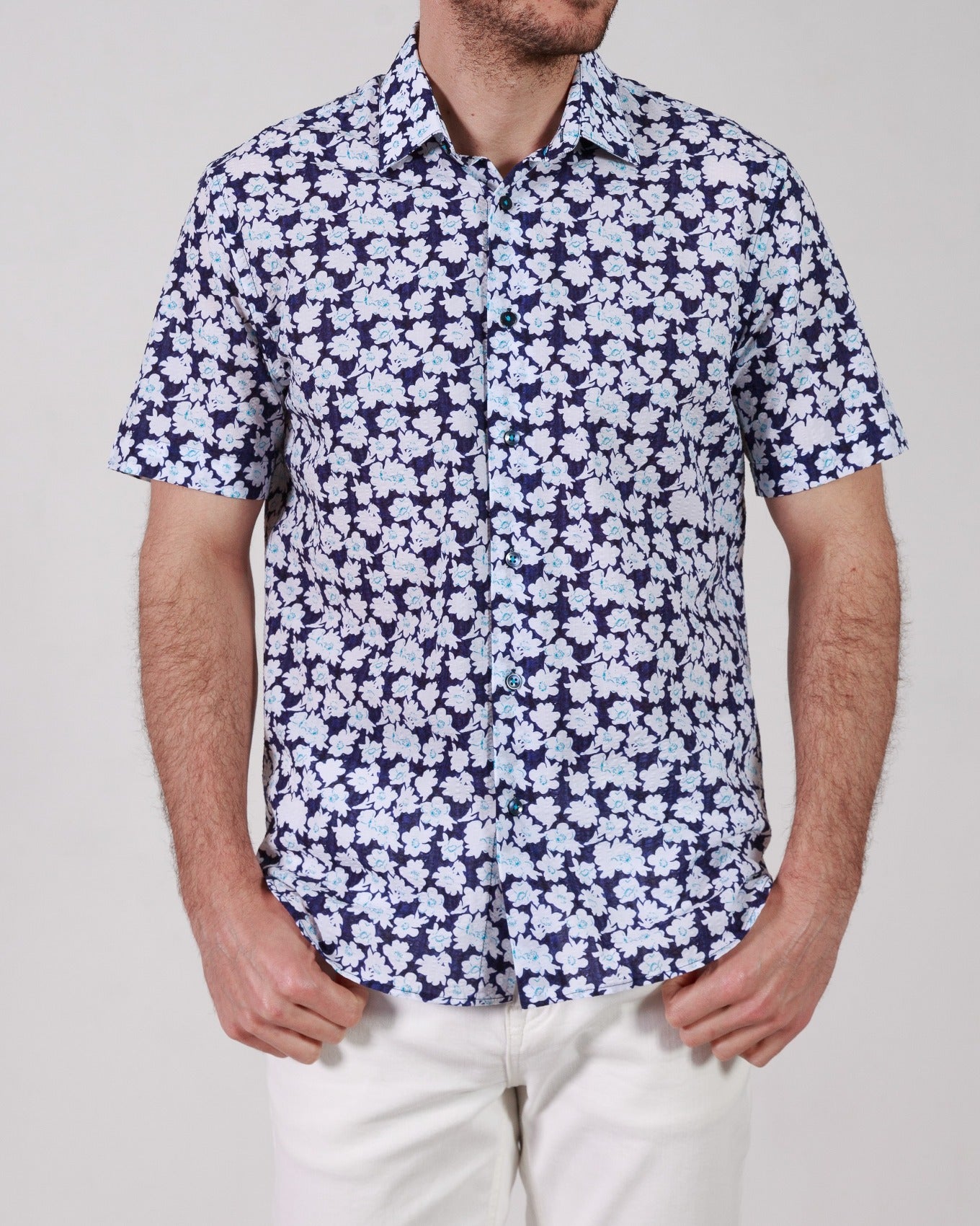 Garnet Men's Navy Printed Floral Stretch Short Sleeve Shirts