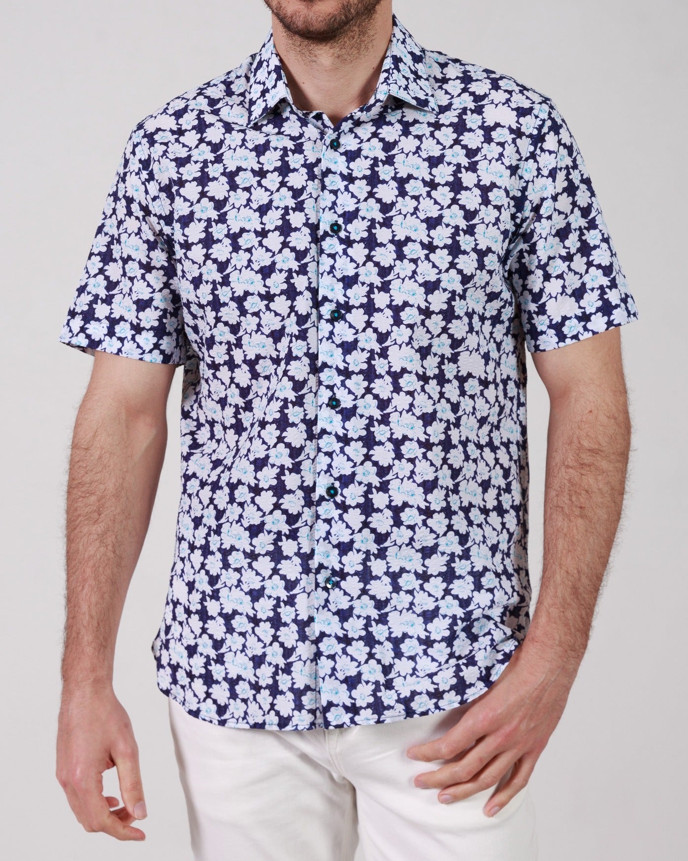 Garnet Men's Navy Printed Floral Stretch Short Sleeve Shirts