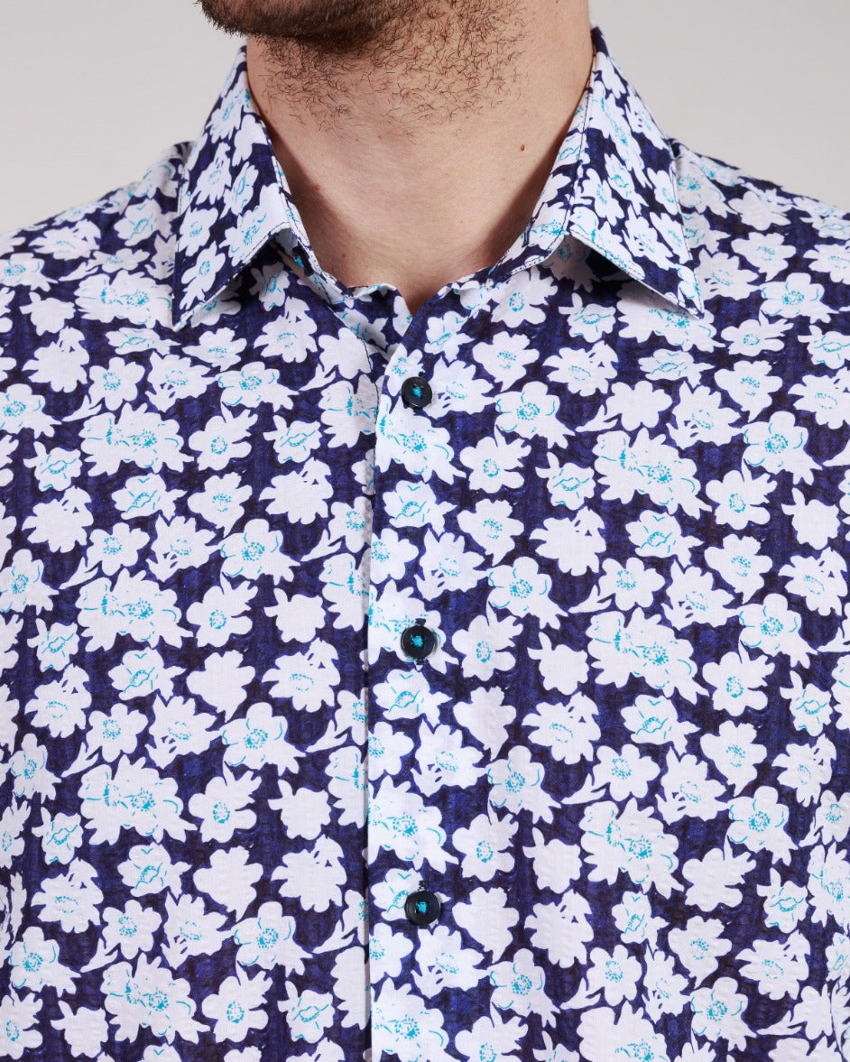 Floral Printed Navy Seersucker Short Sleeve Shirt