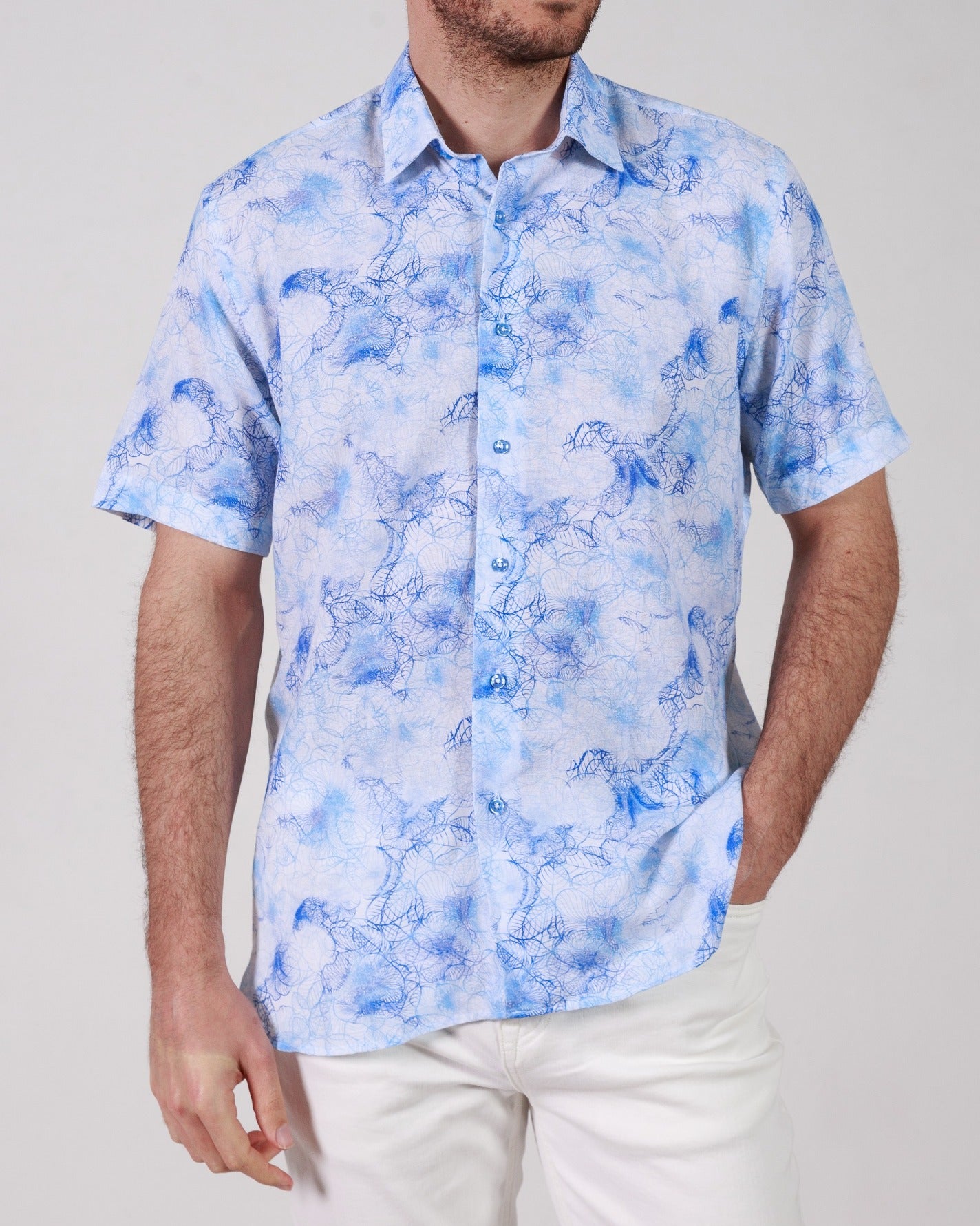 Abstract Floral Printed Short Sleeve Linen Shirt