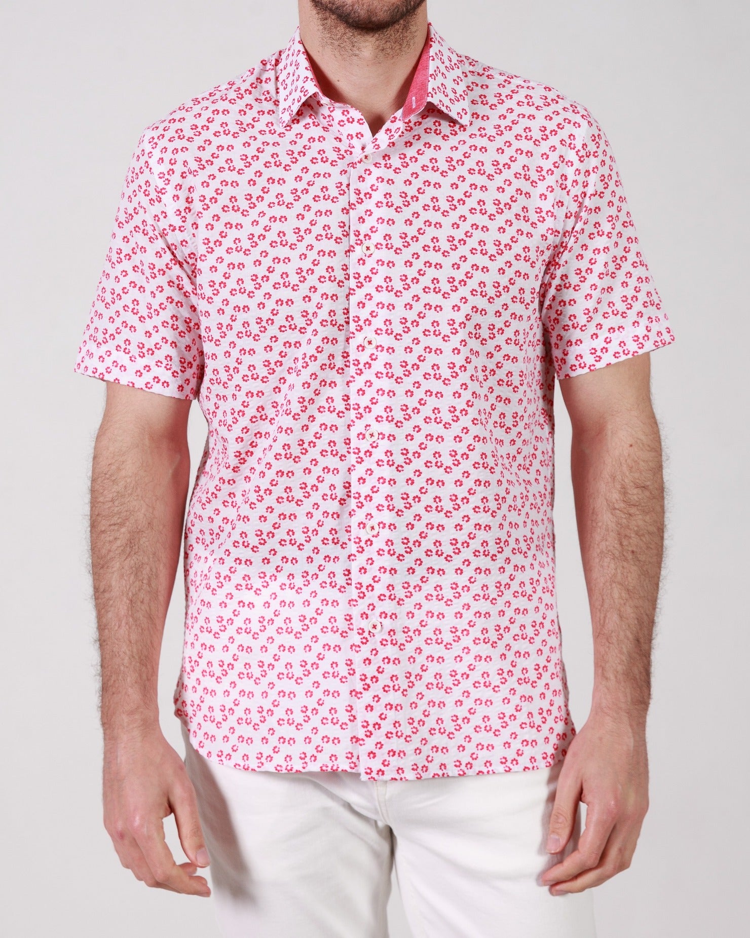 Garnet Men's Pink Printed Floral Stretch Short Sleeve Shirts