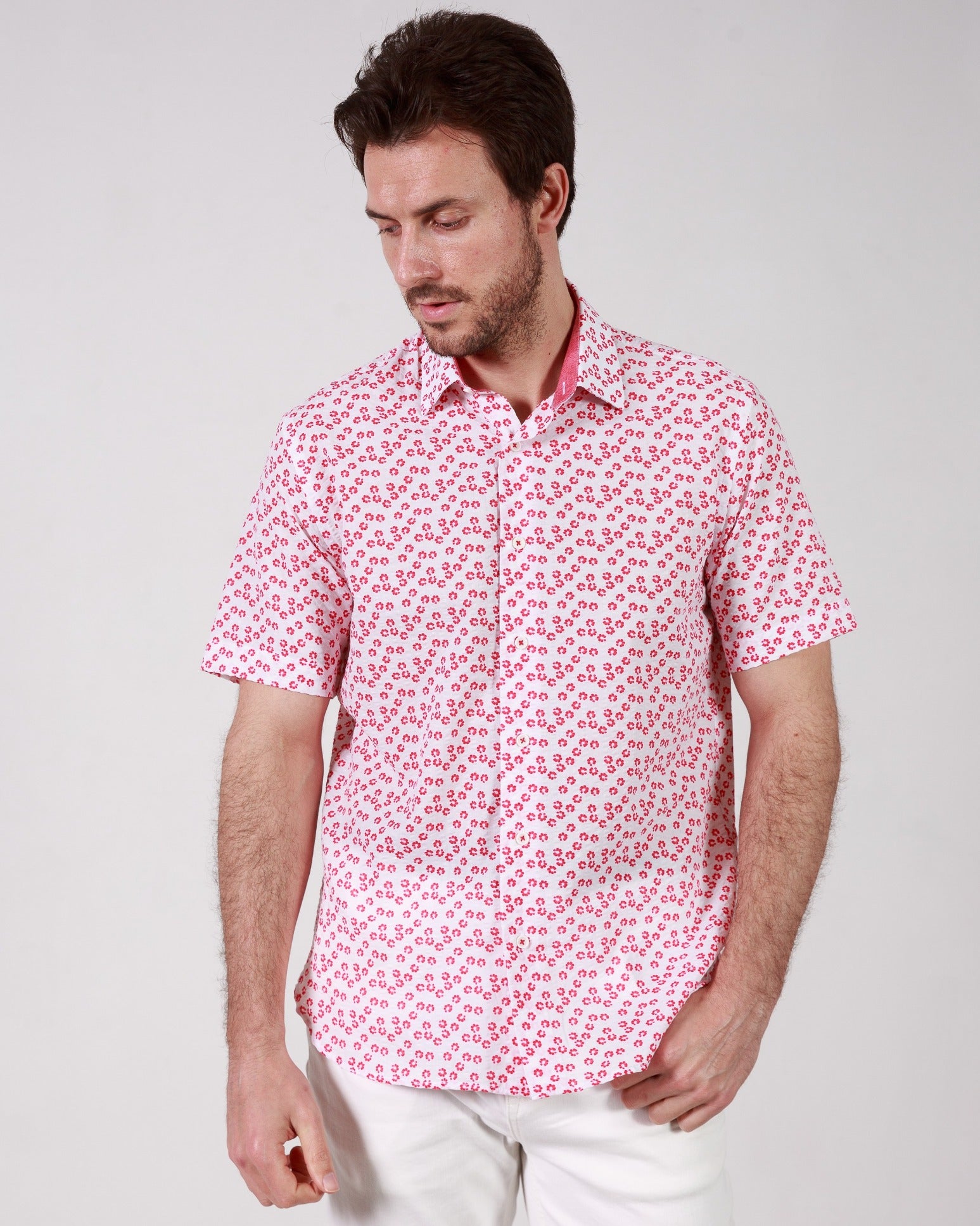 Garnet Men's Pink Printed Floral Stretch Short Sleeve Shirts