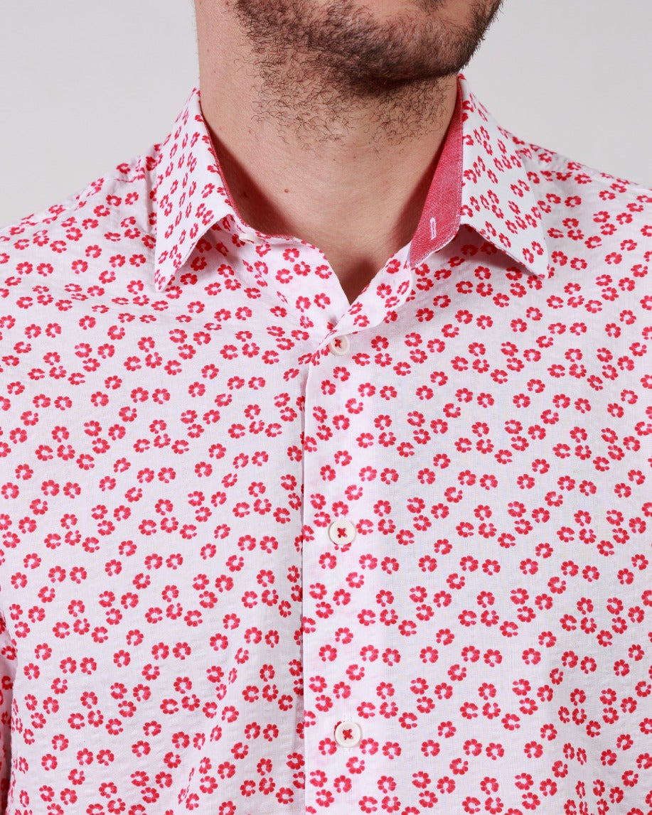 Floral Printed Red Seersucker Short Sleeve Shirt
