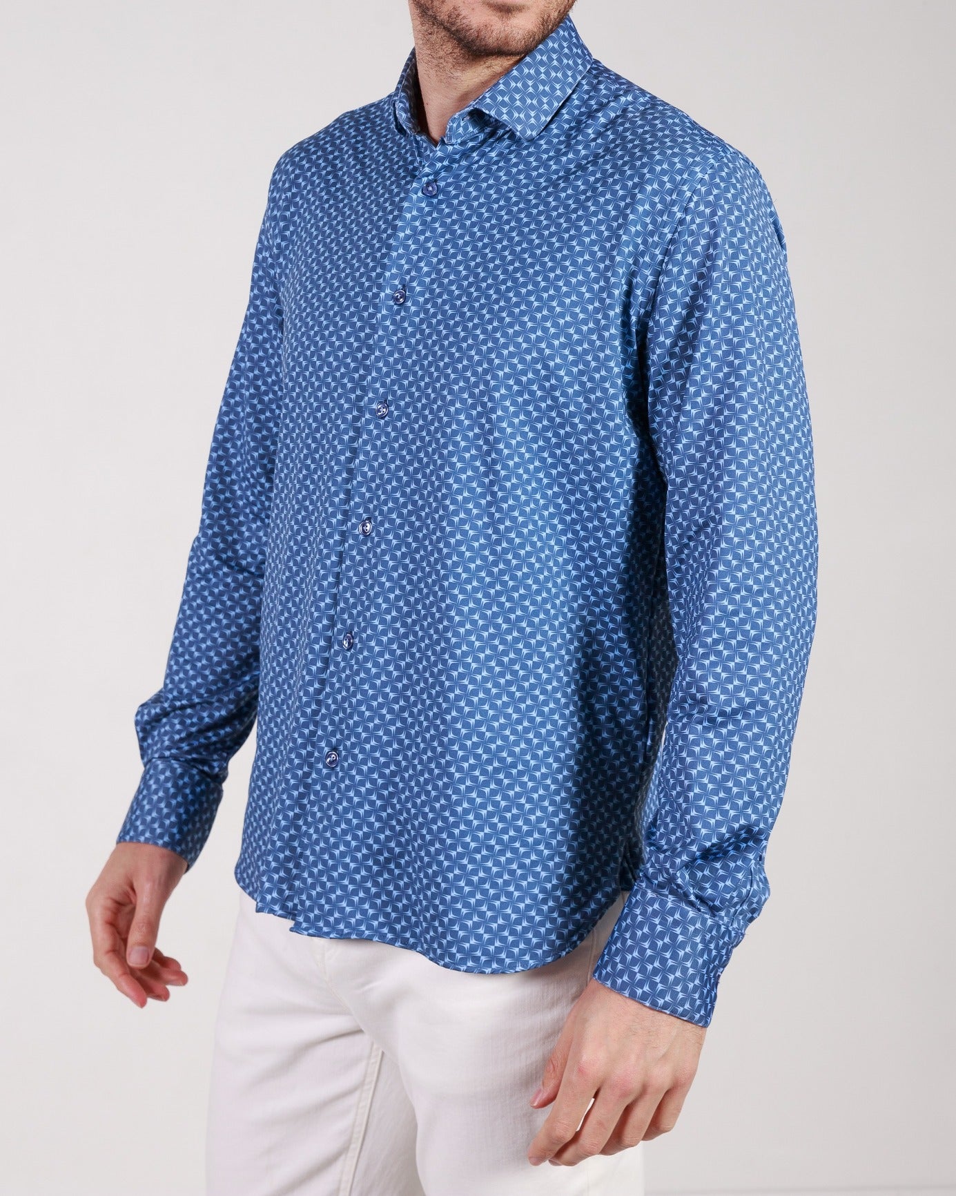 Geometric Printed Navy 8-Way Stretch Long Sleeve Cotton Shirt