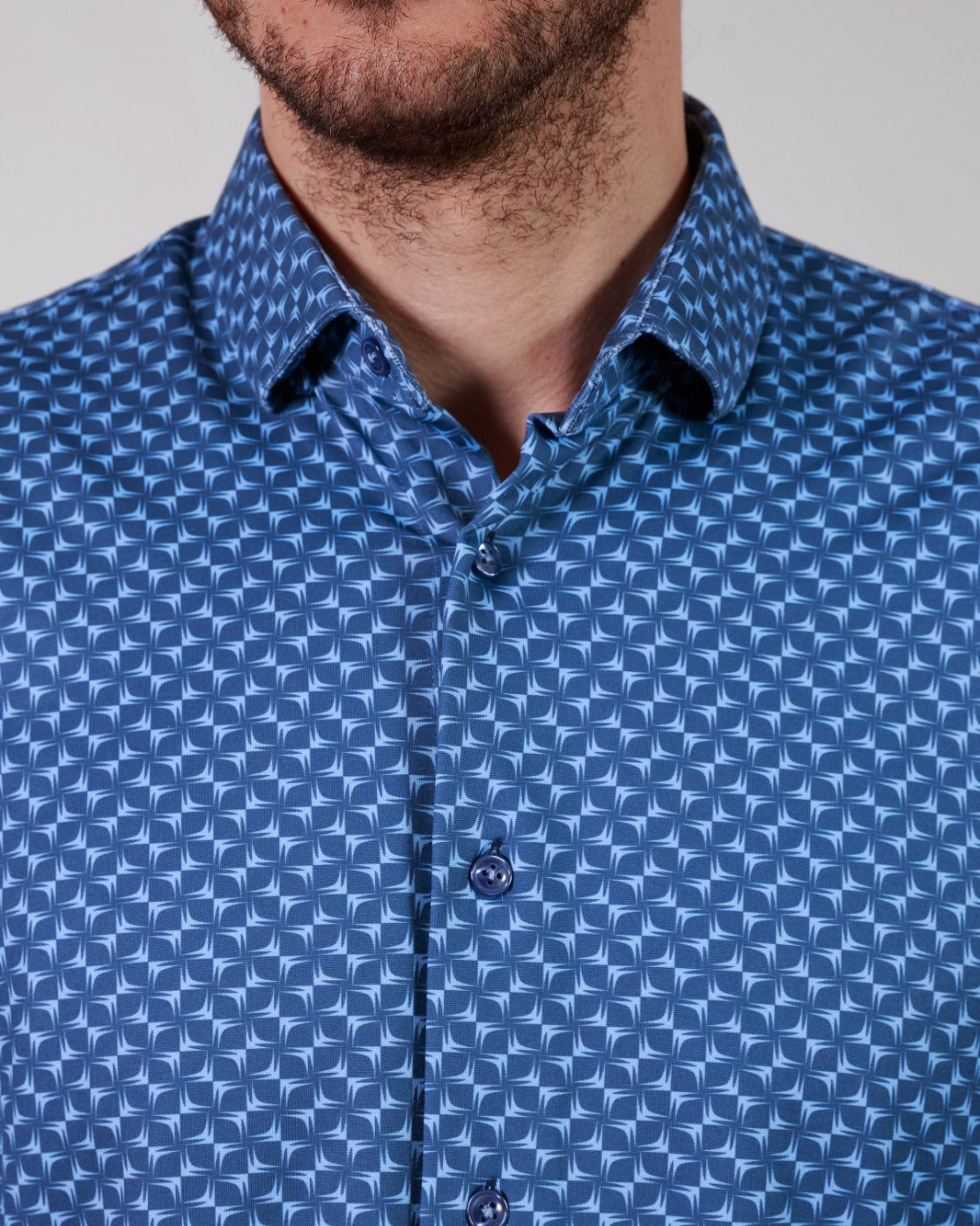 Geometric Printed Navy 8-Way Stretch Long Sleeve Cotton Shirt