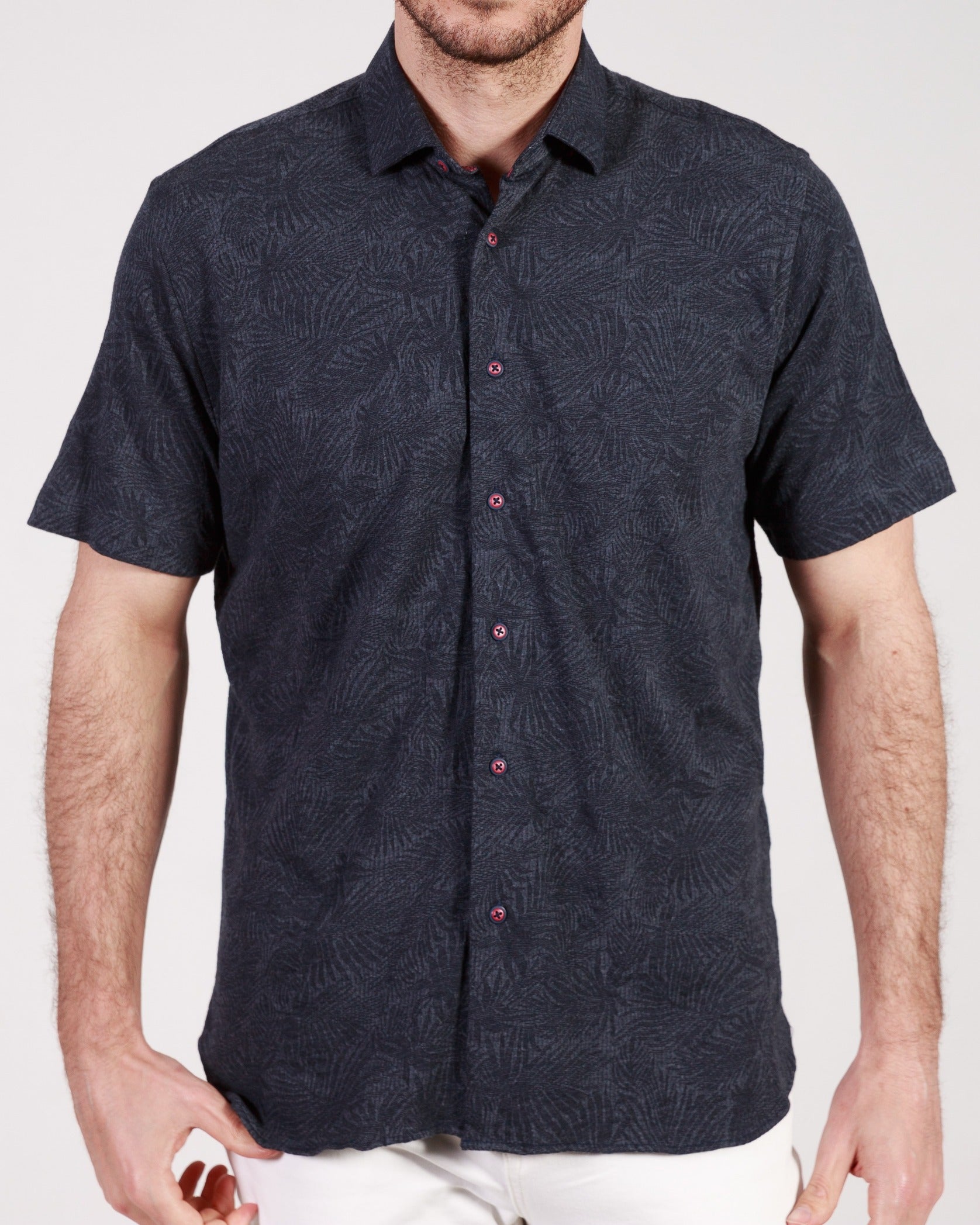 Garnet Men' Textured Leaf Palm Short Sleeve Shirts Black 