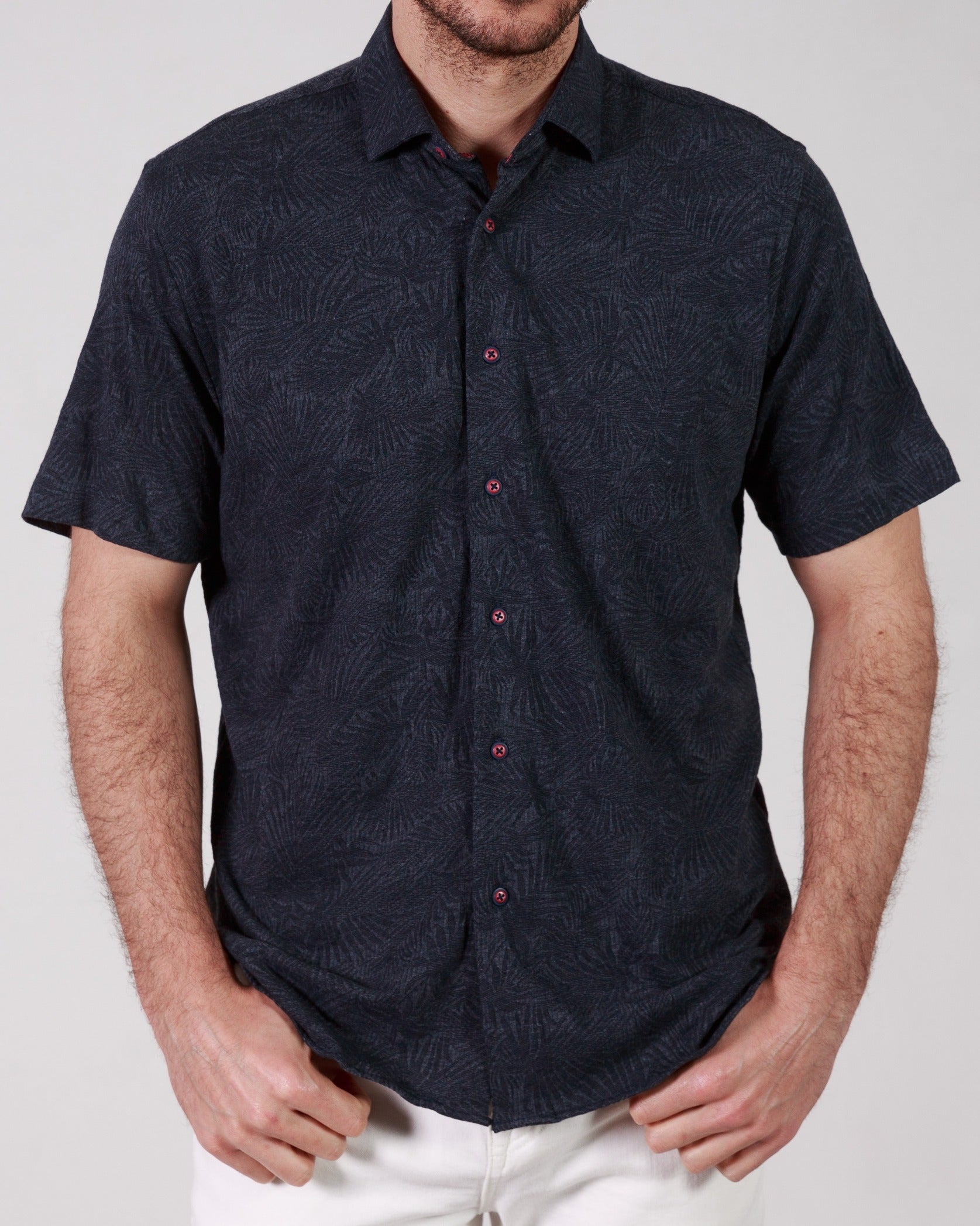 Garnet Men' Textured Leaf Palm Short Sleeve Shirts Black 