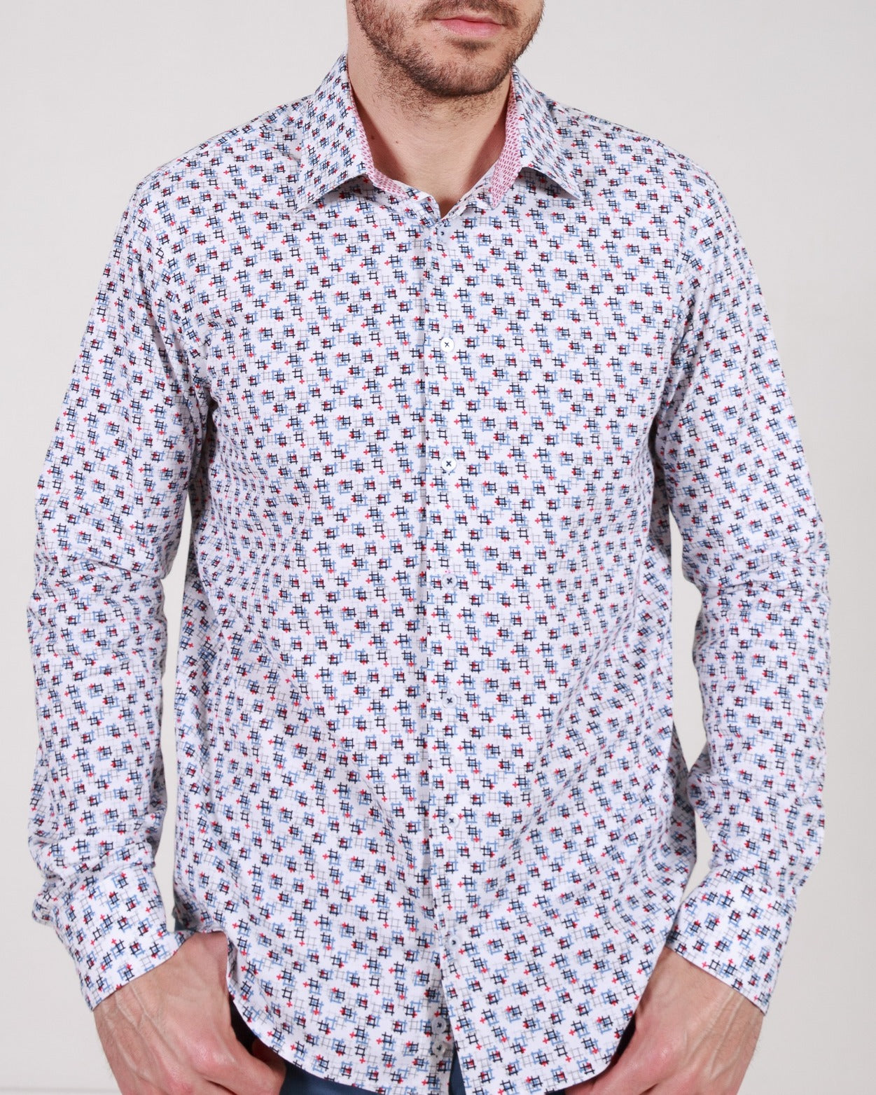 Abstract Geometric Printed White Long Sleeve Cotton Shirt