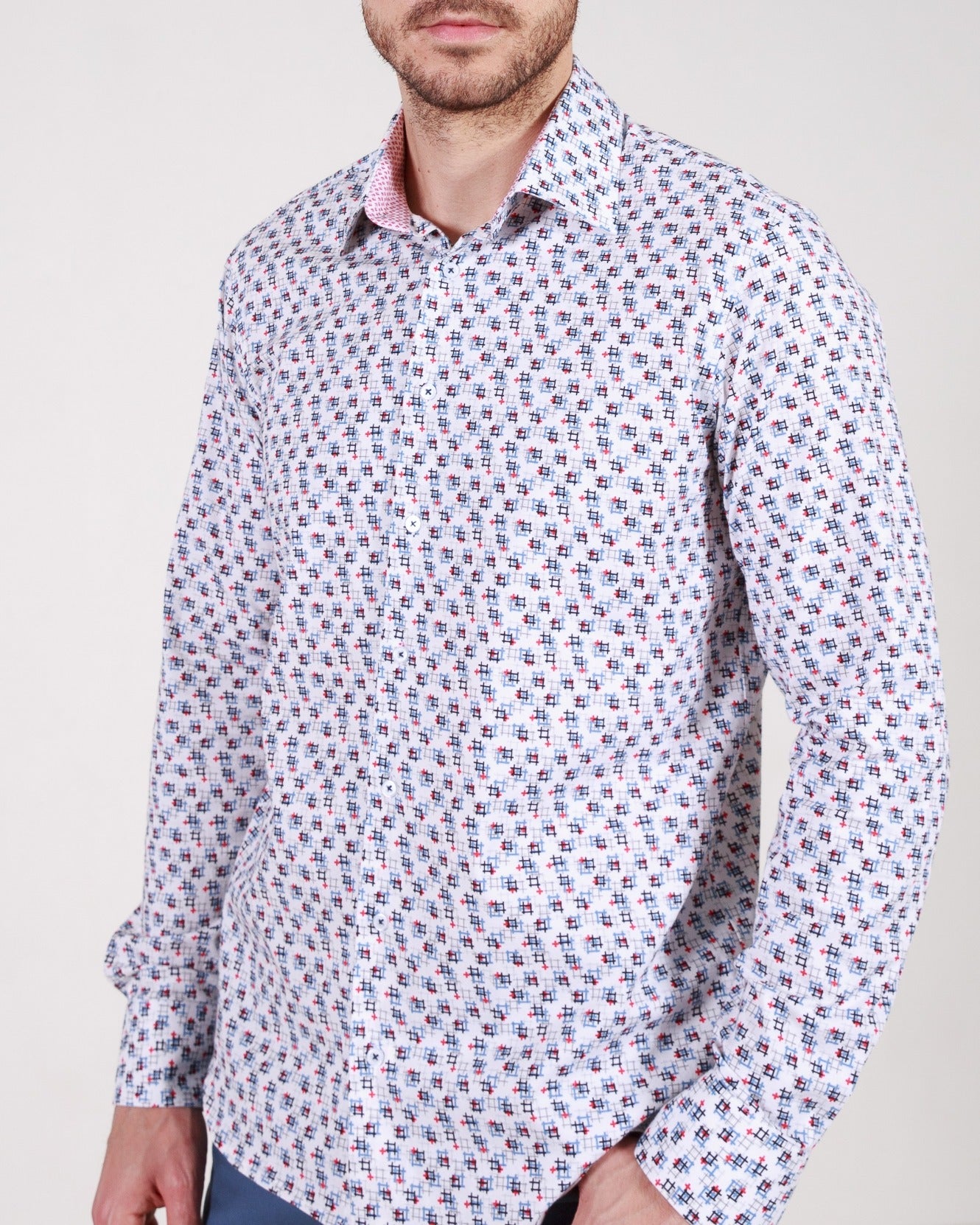 Abstract Geometric Printed White Long Sleeve Cotton Shirt