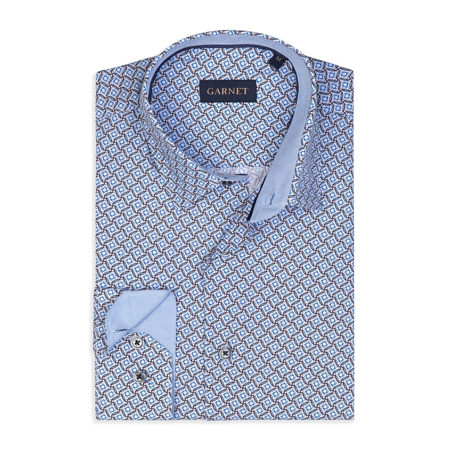 Geometric Printed Blue Long Sleeve Cotton Shirt