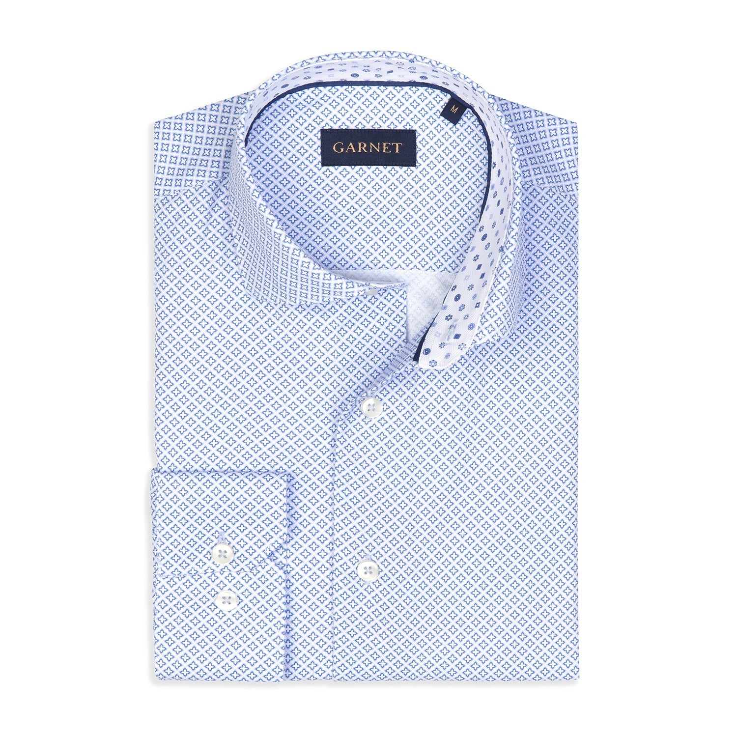 Star Printed Herringbone Textured Long Sleeve Cotton Shirt in Blue