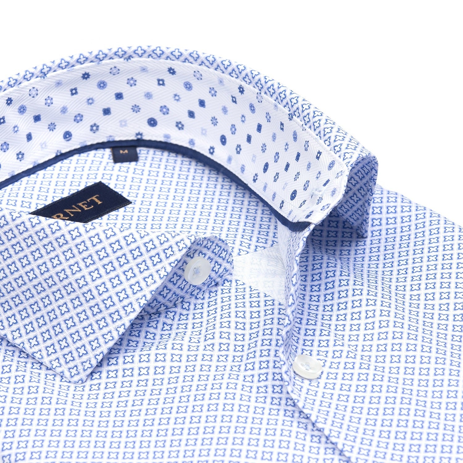 Star Printed Herringbone Textured Long Sleeve Cotton Shirt in Blue