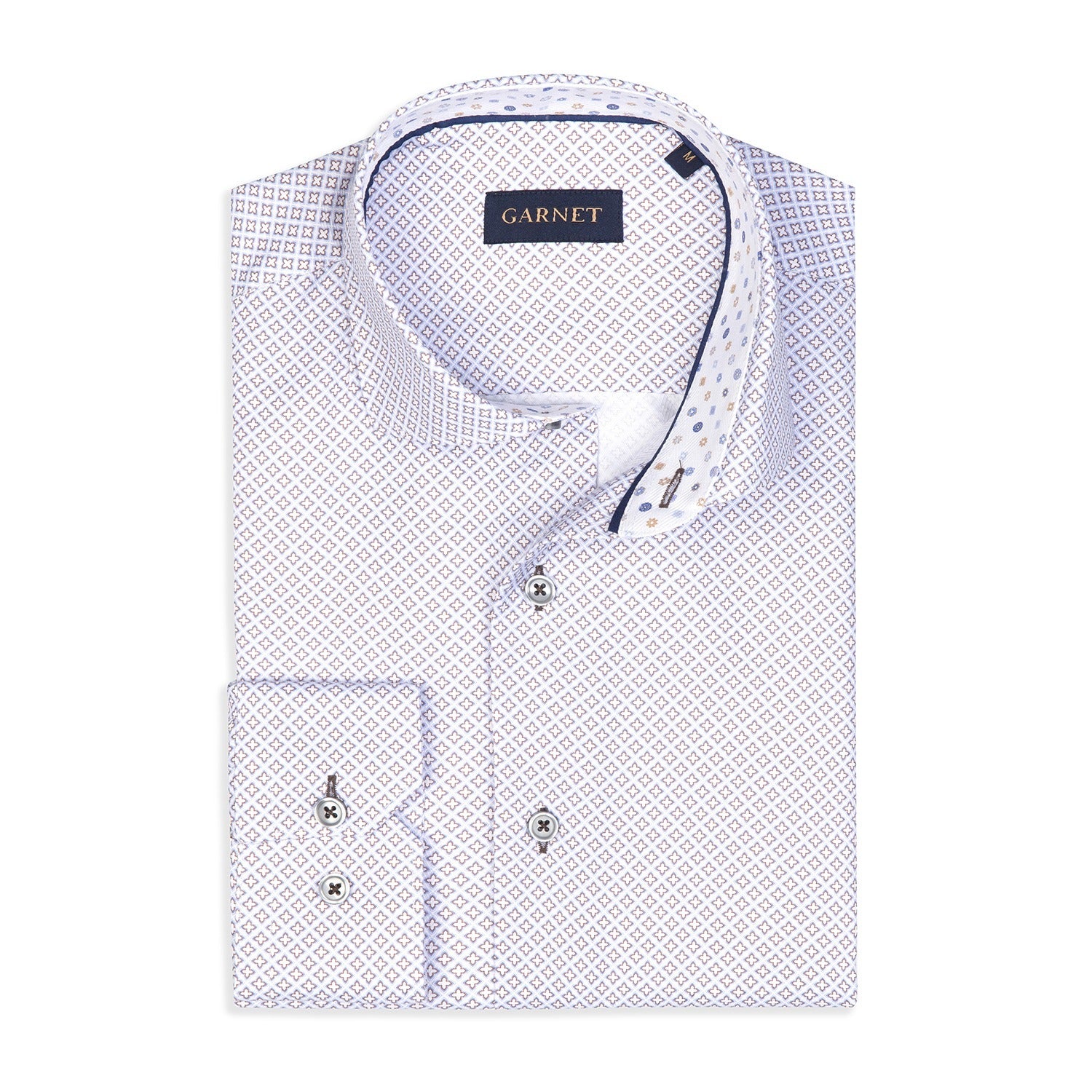 Star Printed Herringbone Textured Long Sleeve Cotton Shirt in Beige