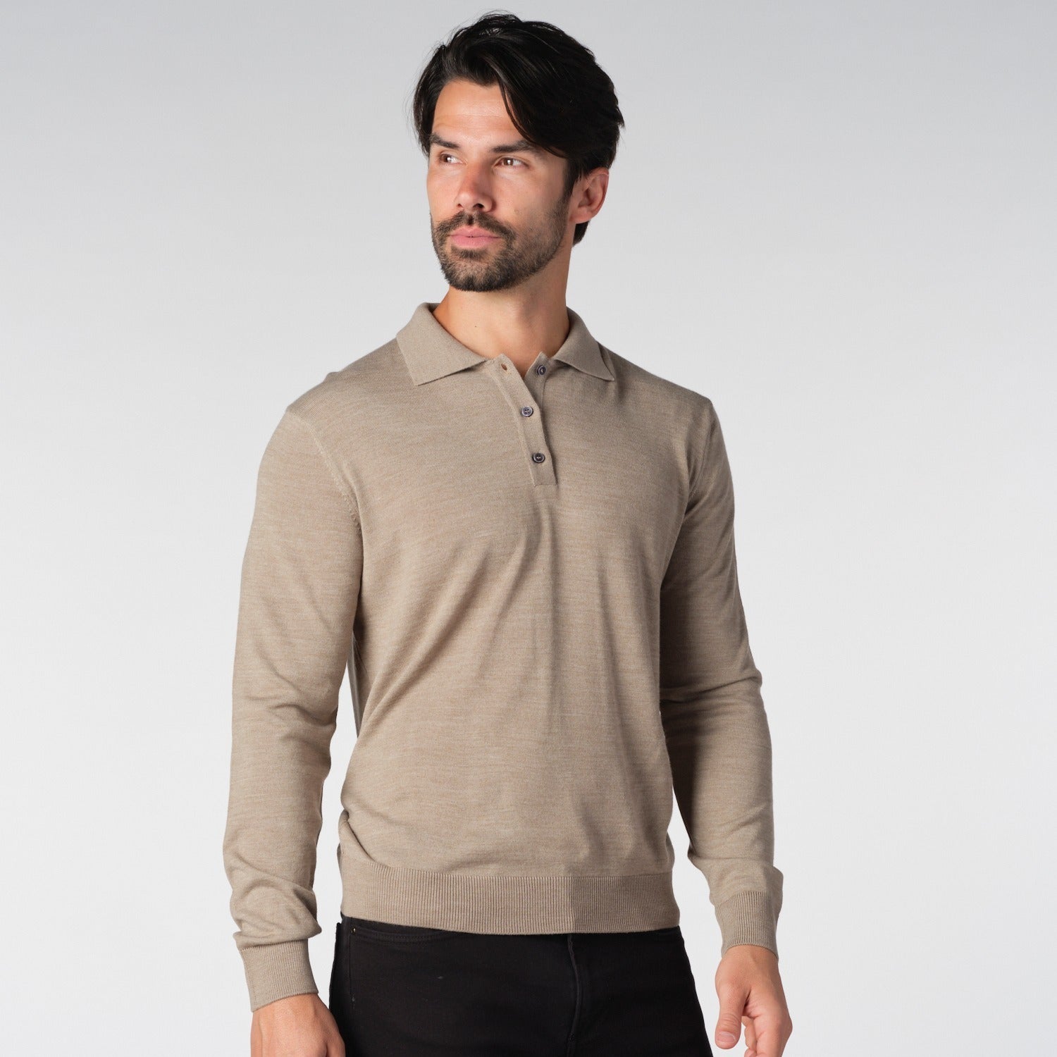 Polo with Buttons Merino Sweater in Beige