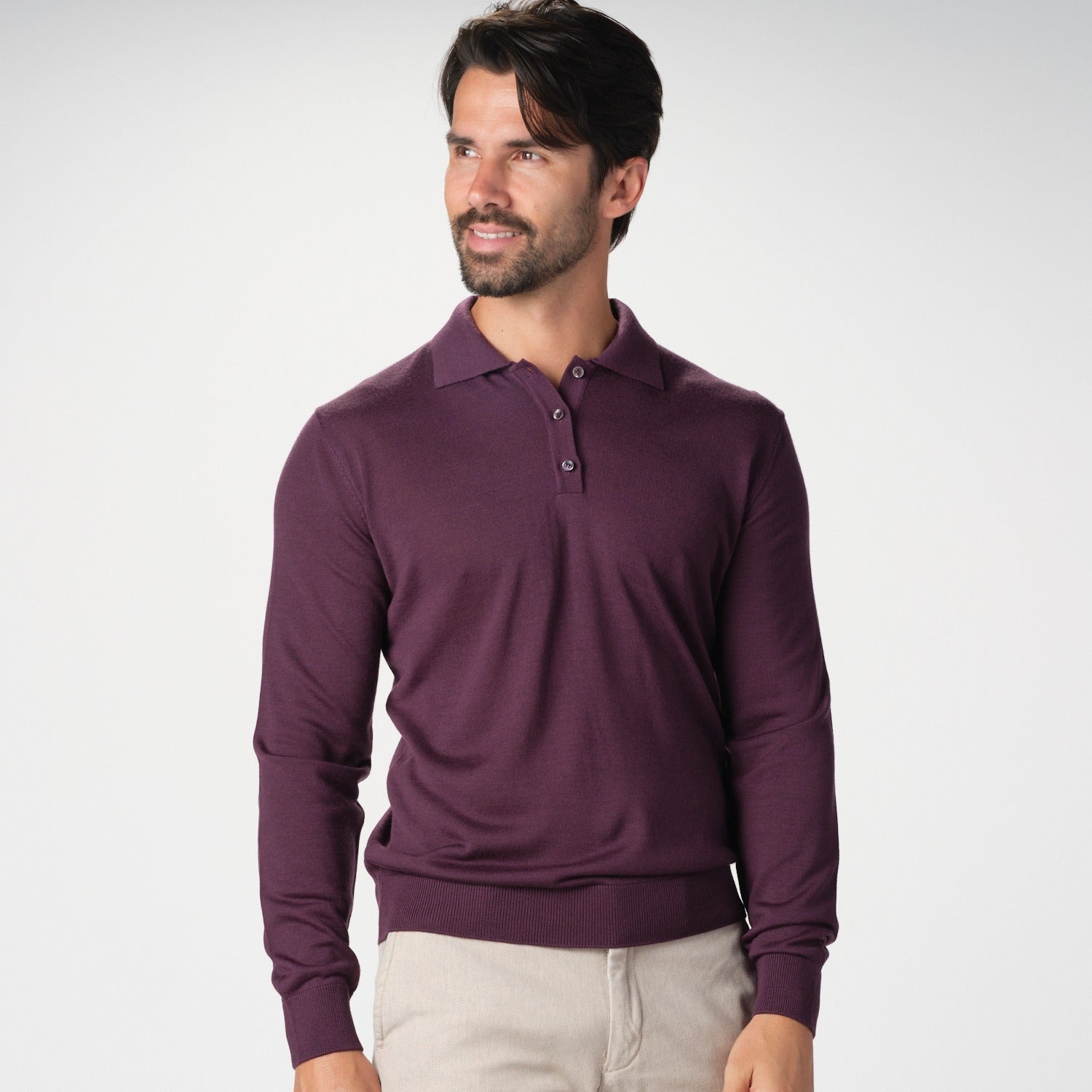 Garnet Men's Knitted Wool Long Sleeve Polo Collar Wine Sweater