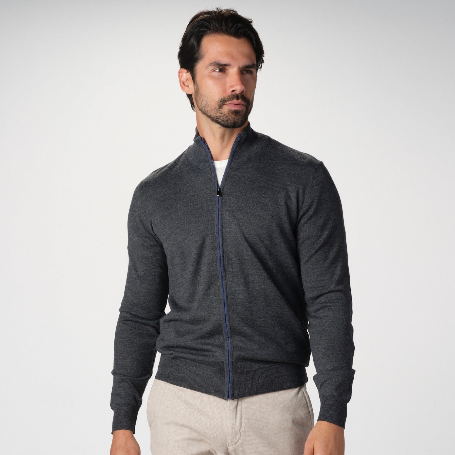 Full Zip Merino Sweater in Charcoal