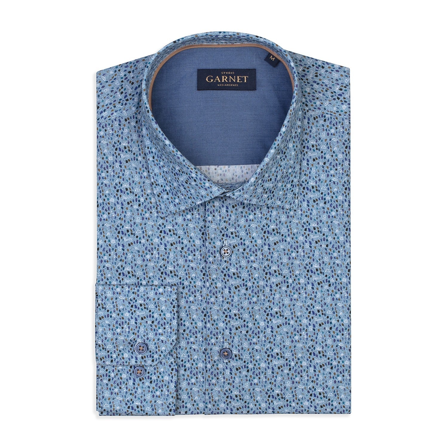 Speckled Printed Blue Long Sleeve Cotton Shirt
