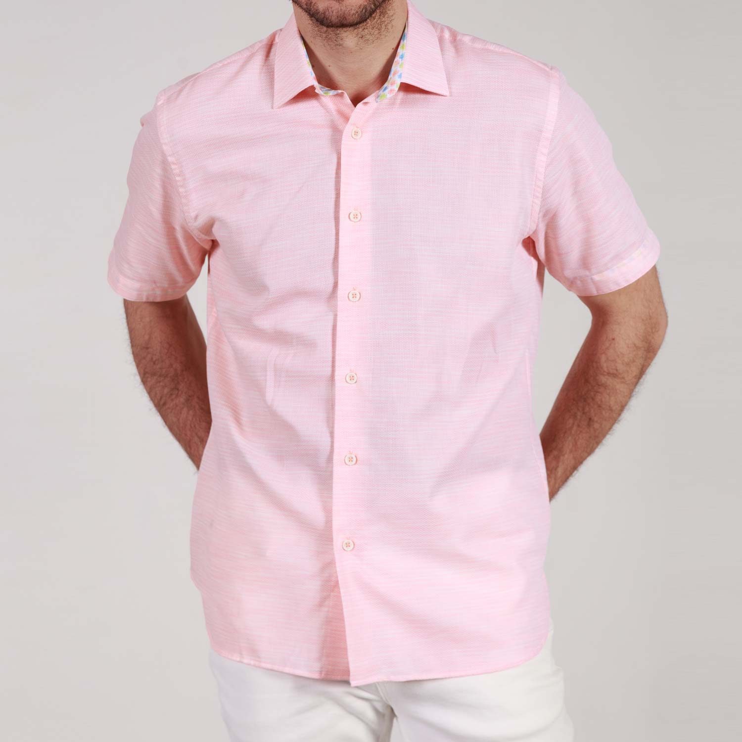 Garnet Men's Solid Plain Pink Color Stretch Short Sleeve Shirts