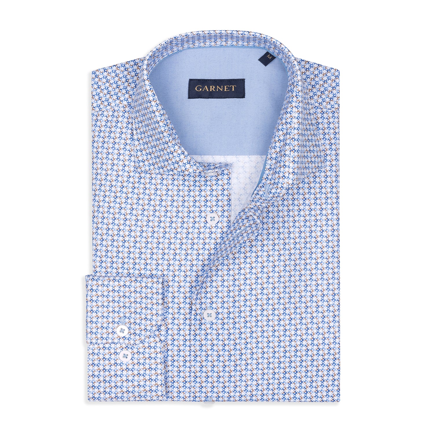 Garnet Men's Mini Circle Herringbone Printed Blue Long Sleeve Shirt 