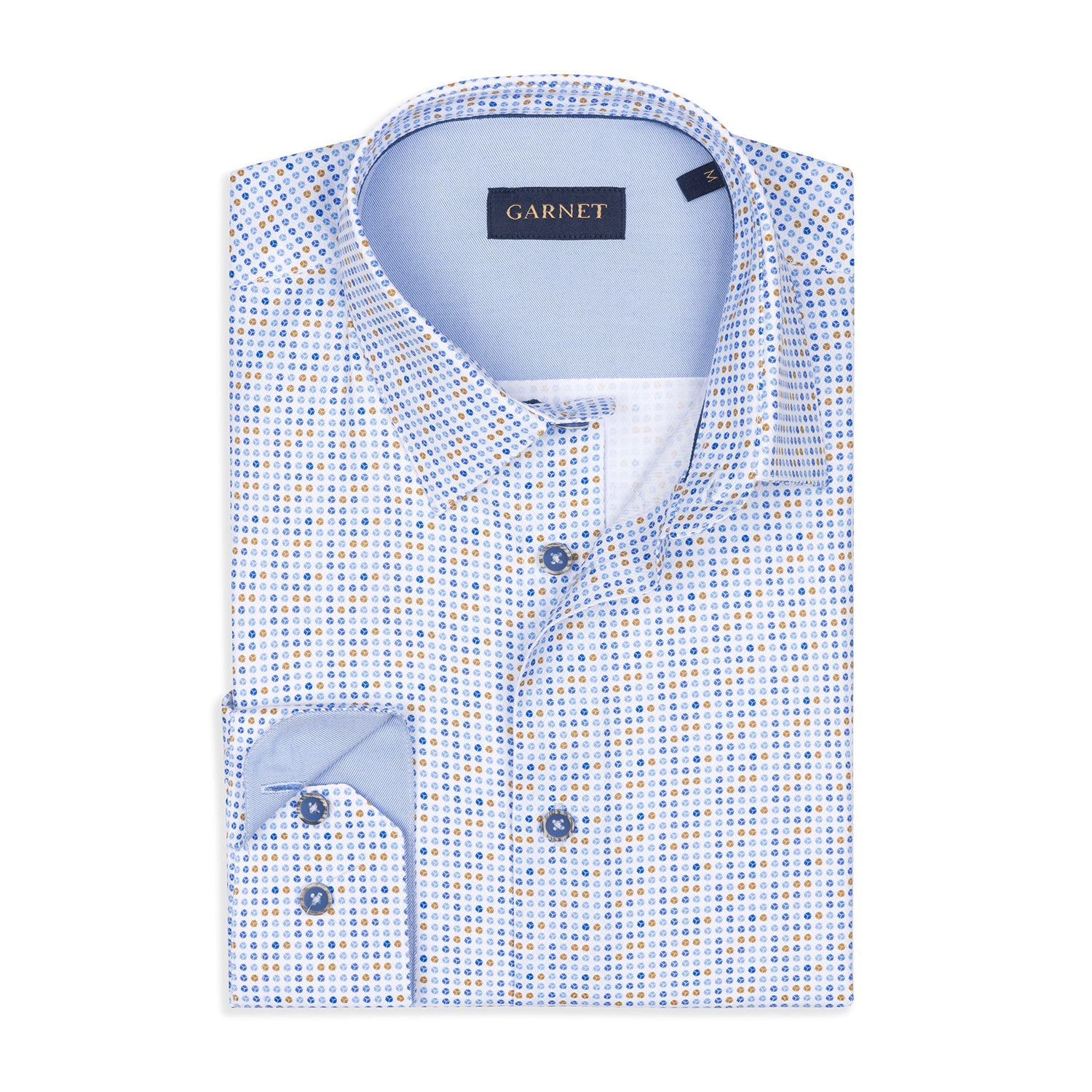 Beige Dot Printed Herringbone Textured Long Sleeve Cotton Shirt
