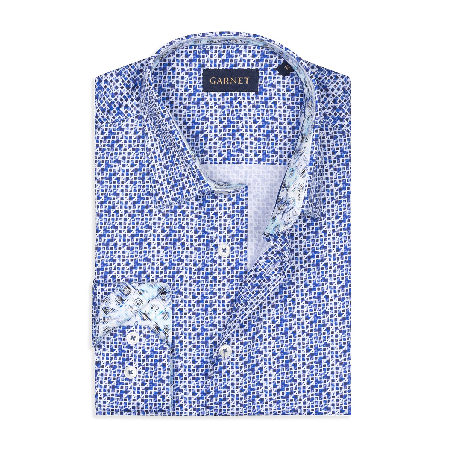 Navy Geometric Abstract Printed Long Sleeve Cotton Shirt