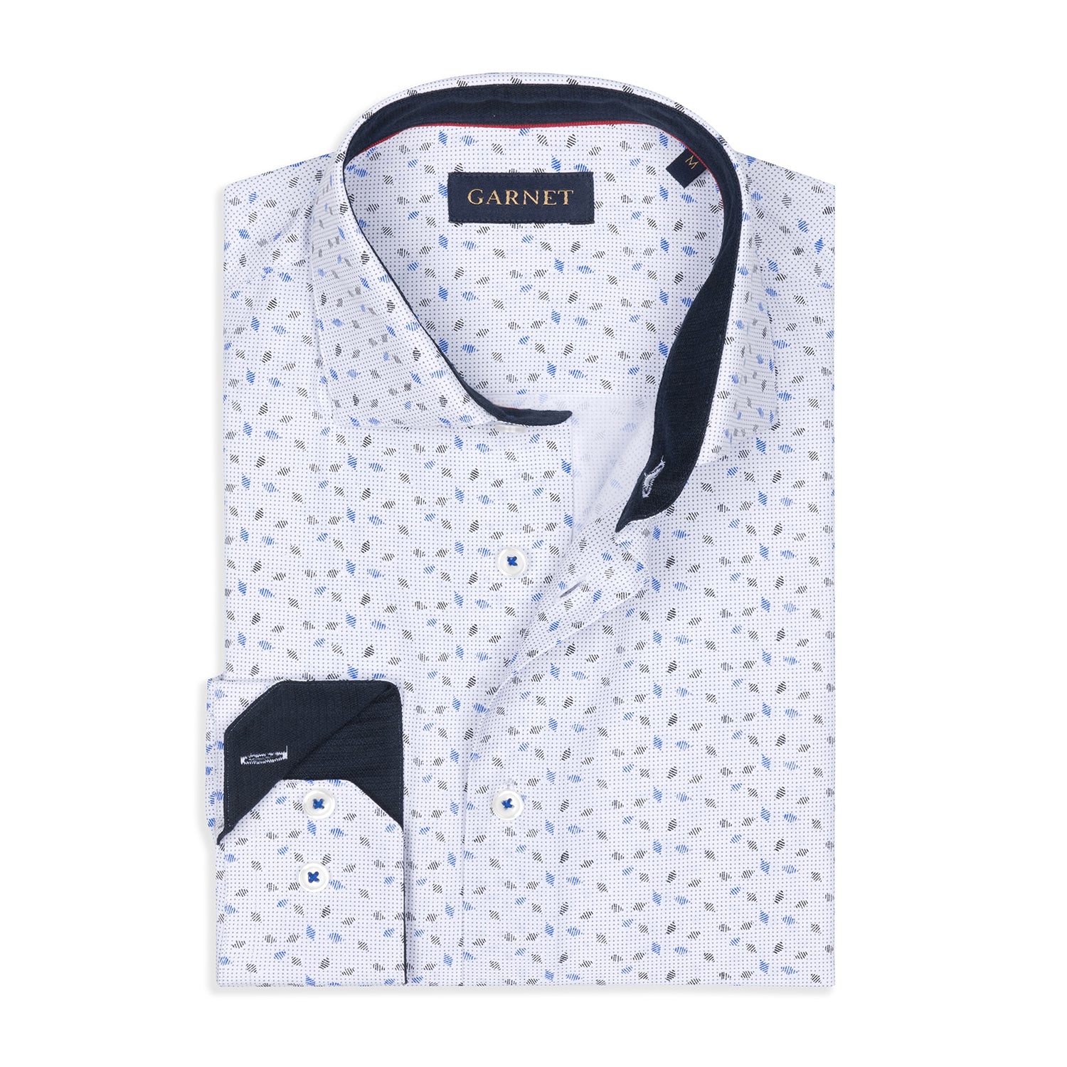 Blue on White Geometric Printer Long Sleeve Shirt
