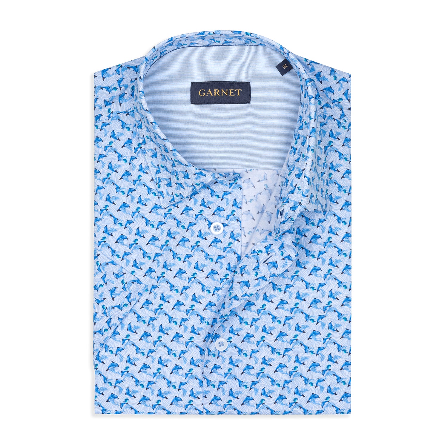 Garnet Men's Printed Blue Dolphin Stretch Short Sleeve Shirts