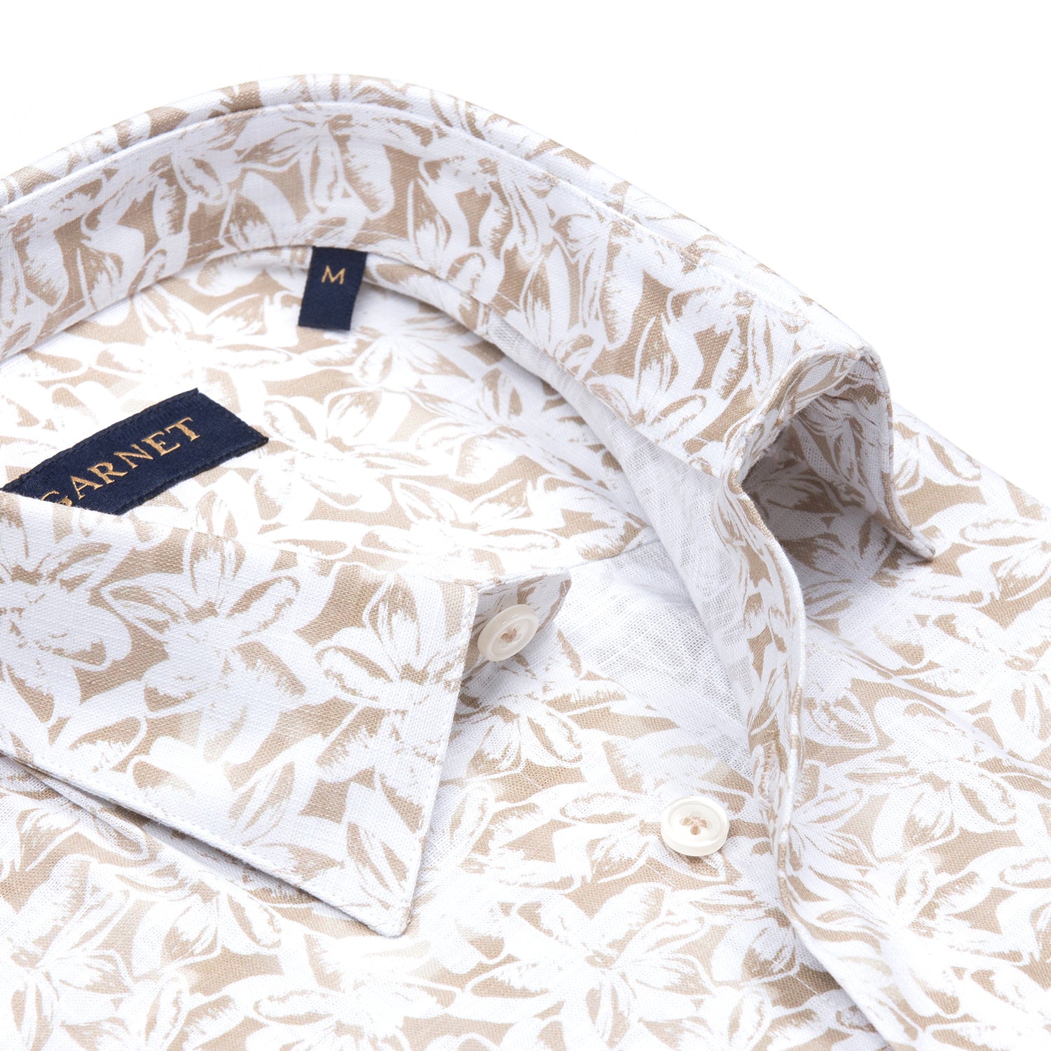 Beige Floral Printed Short Sleeve Cotton Shirt