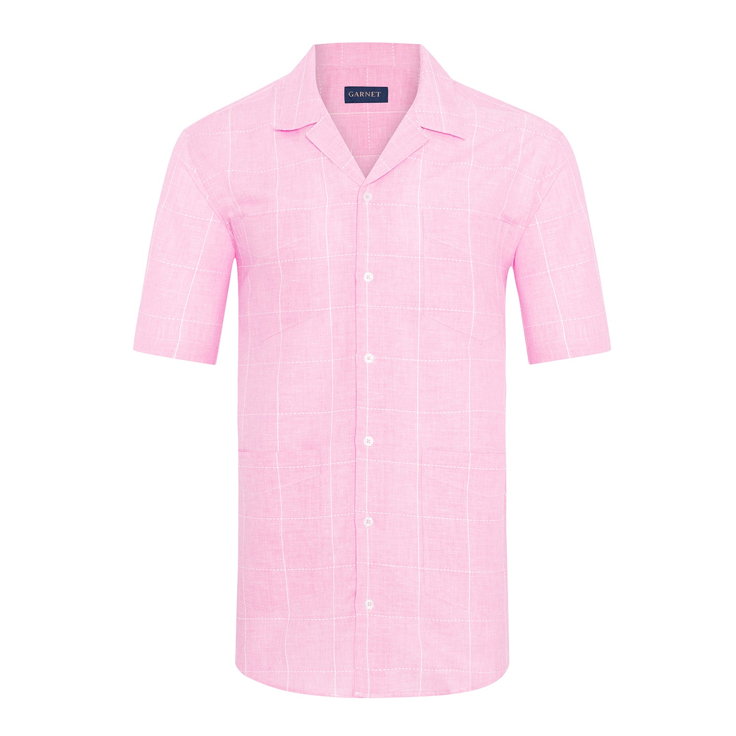 Garnet Men's Plain Pink Linen Cotton Stretch Short Sleeve Shirts